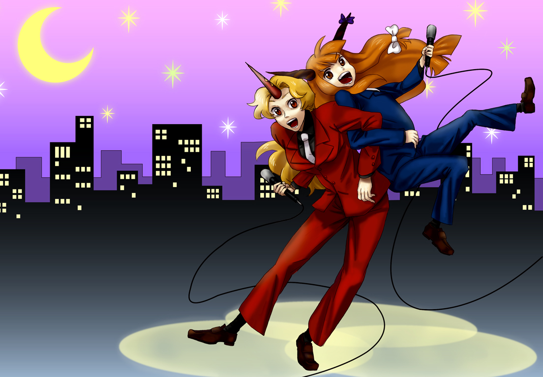 hashira shio, hoshiguma yuugi, ibuki suika, touhou, bad id, bad pixiv id, 2girls, blonde hair, female focus, formal clothes, horns, long hair, multiple girls, orange eyes, orange hair, pant suit, pants, red eyes, single horn, suit