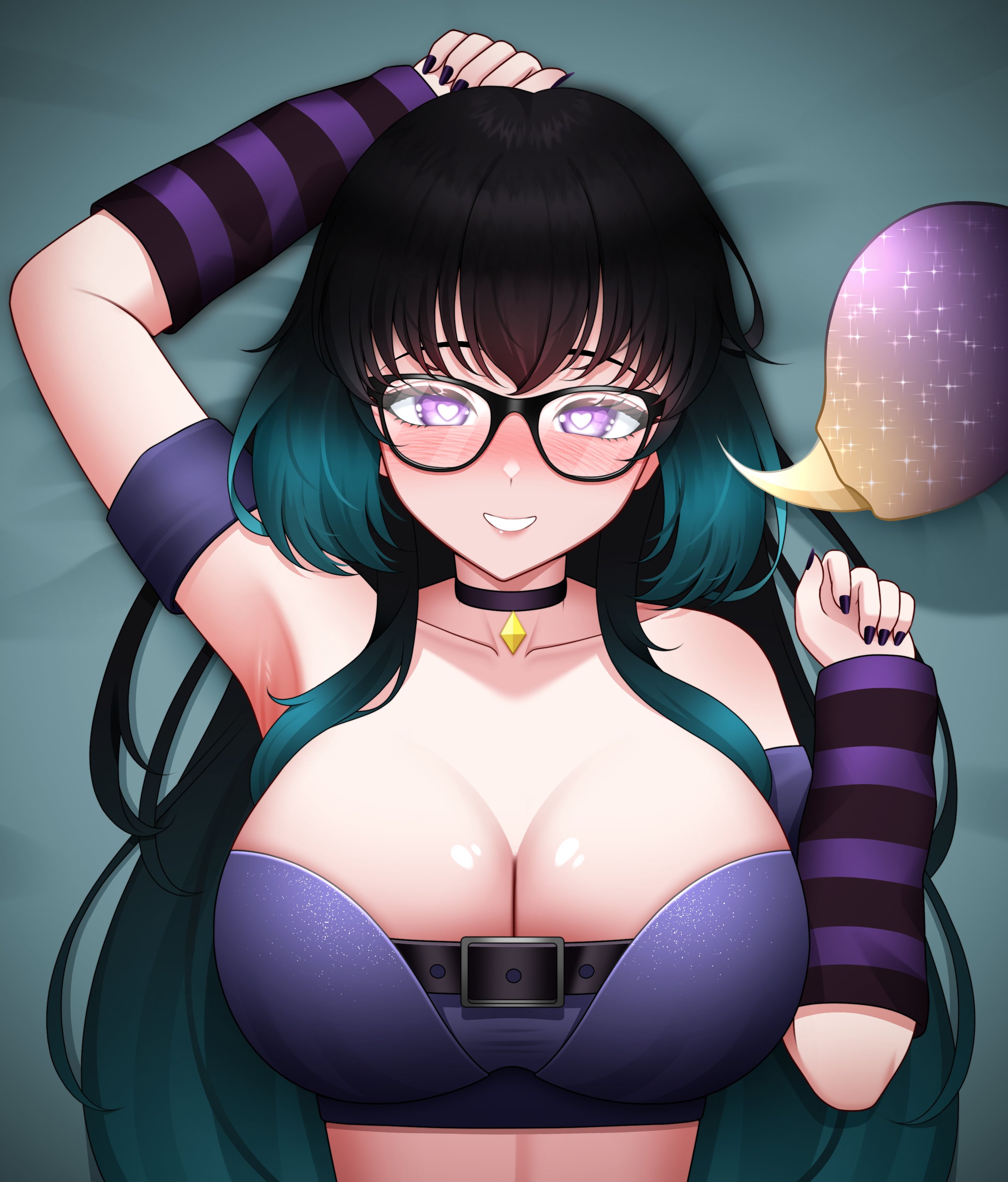 drey525, indie virtual youtuber, absurdres, commentary, commission, english commentary, highres, 1girl, arm up, armpits, black choker, black hair, black nails, blue hair, blush, breasts, choker, cleavage, collarbone, crop top, fingernails, glasses, gradient hair, hand up, heart, heart-shaped pupils, kiakuromi (vtuber), large breasts, long hair, looking at viewer, multicolored hair, nail polish, purple arm warmers, purple eyes, smile, solo, striped arm warmers, symbol-shaped pupils, upper body, virtual youtuber