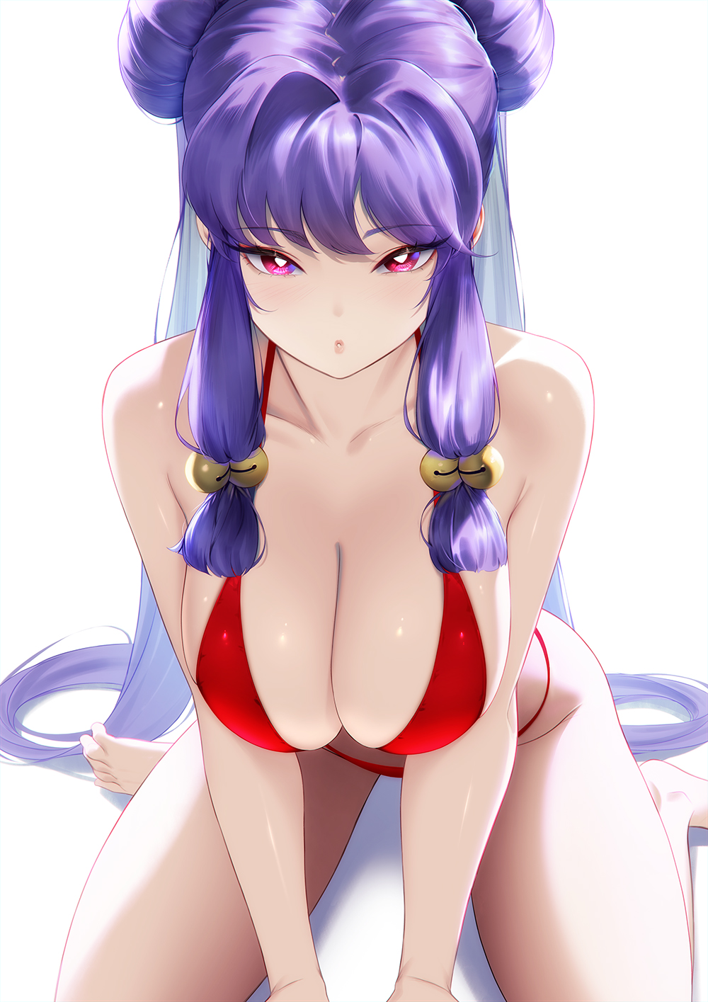 blueorca, shampoo (ranma 1/2), ranma 1/2, commentary request, highres, 1girl, barefoot, bell, bikini, breasts, bright pupils, collarbone, double bun, hair bell, hair bun, hair ornament, large breasts, long hair, looking at viewer, parted lips, purple hair, red bikini, red eyes, simple background, sitting, solo, swimsuit, wariza, white background