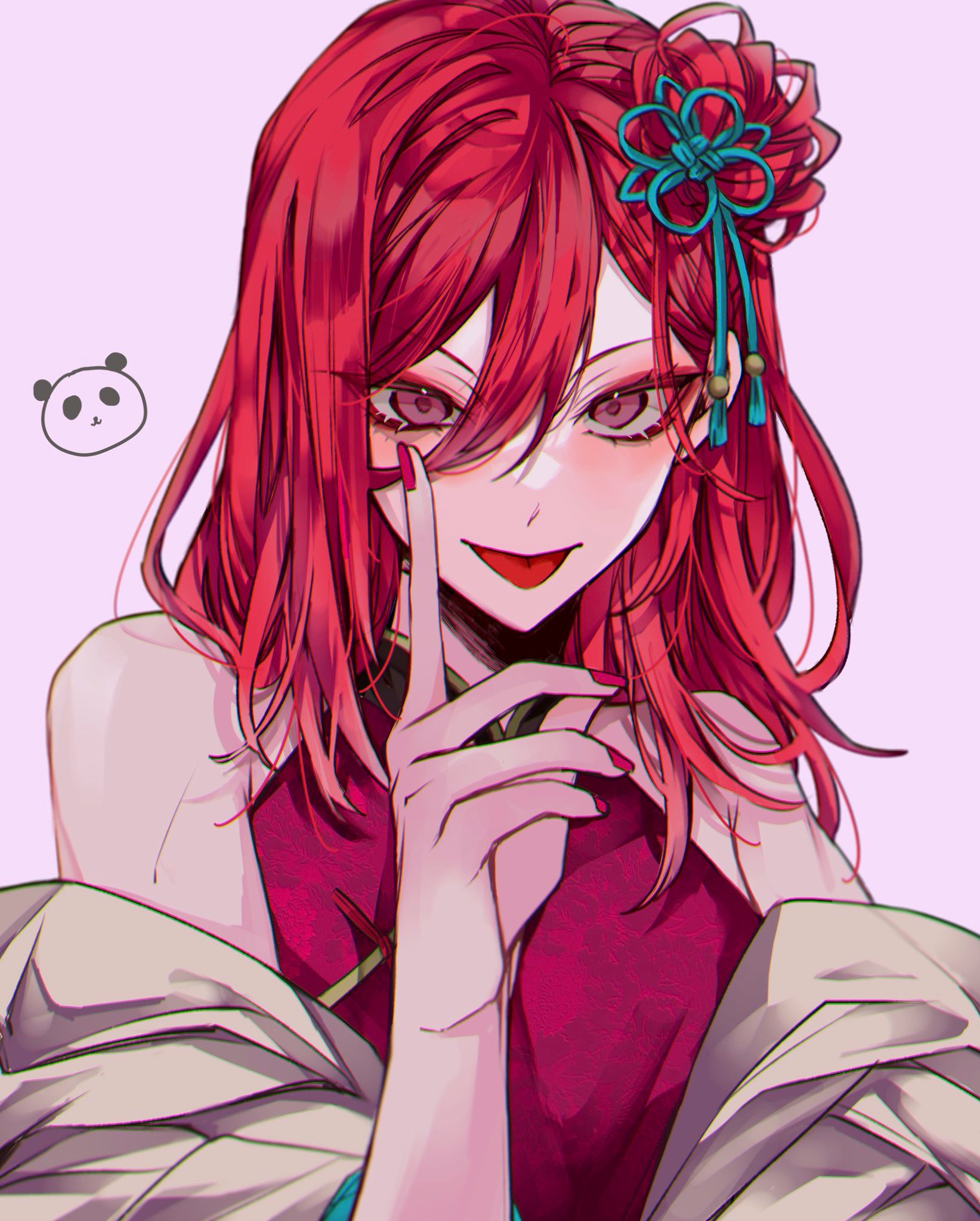 alid (4l1me1d), chigiri hyoma, blue lock, clothing request, commentary request, highres, 1boy, androgynous, crossdressing, crossdressing (mtf), hair between eyes, long hair, looking at viewer, male focus, red hair, red nails, simple background, solo, straight-on, tongue, tongue out, upper body