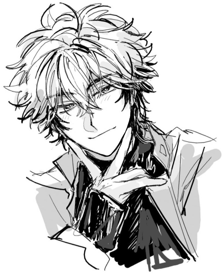 tyoookozuki, xia fei, shiguang dailiren, 1boy, ahoge, blush, closed mouth, gloves, greyscale, hair between eyes, hand on own chin, hand up, jacket, looking at viewer, male focus, messy hair, monochrome, multicolored hair, shirt, short hair, simple background, sketch, sleeves past wrists, smile, solo, stroking own chin, turtleneck, two-tone hair, upper body, v, white background