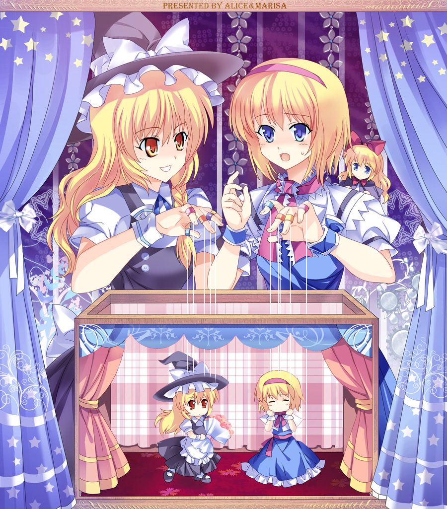 pico (picollector79), alice margatroid, kirisame marisa, shanghai doll, strange and bright nature deity, touhou, bad id, bad pixiv id, 2girls, blonde hair, blue eyes, braid, character doll, doll, female focus, hat, long hair, multiple girls, puppet, ribbon, short hair, witch, witch hat, yellow eyes