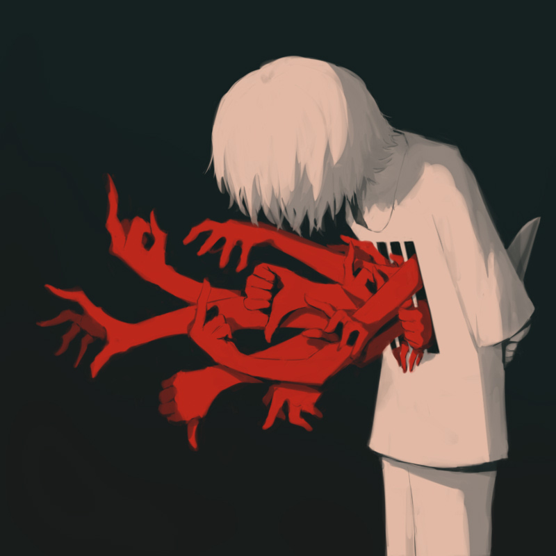 avogado6, original, commentary request, 1other, arms behind back, black background, cowboy shot, disembodied hand, from side, hand focus, head down, holding, holding knife, iron bars, knife, leaning forward, middle finger, other focus, pants, reading, shirt, solo, standing, surreal, thumbs down