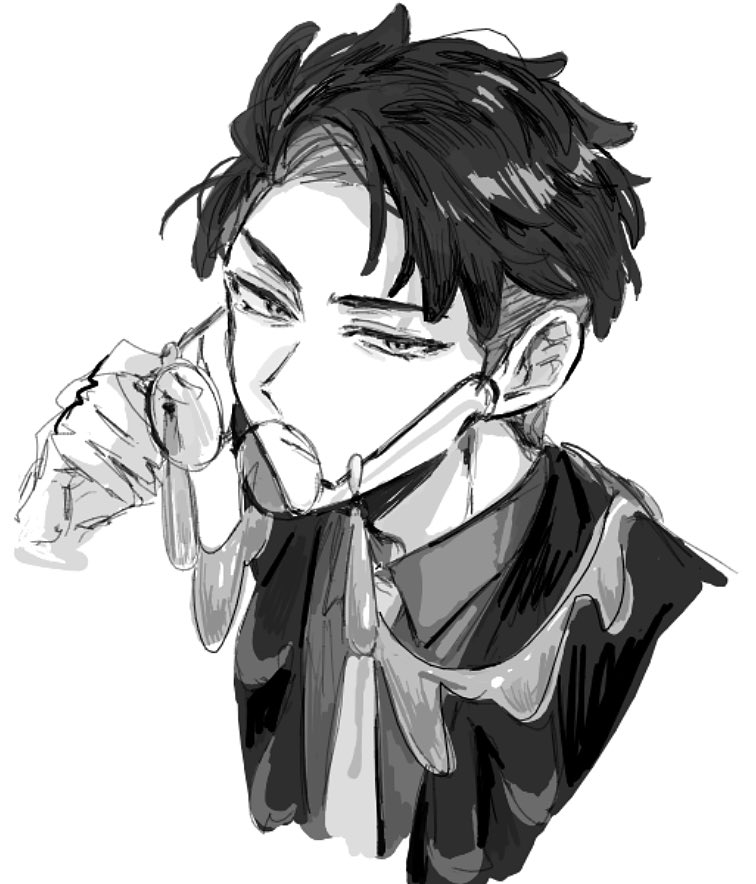 tyoookozuki, corbeau (pokemon), nintendo, pokemon, pokemon legends: z-a, commentary request, 1boy, collared shirt, eyewear strap, glasses, greyscale, hair behind ear, half-closed eyes, hand up, holding, holding removed eyewear, jacket, jewelry, looking at viewer, male focus, monochrome, necklace, necktie, parted lips, portrait, round eyewear, shirt, short hair, simple background, sketch, solo, unworn eyewear, upper body, white background