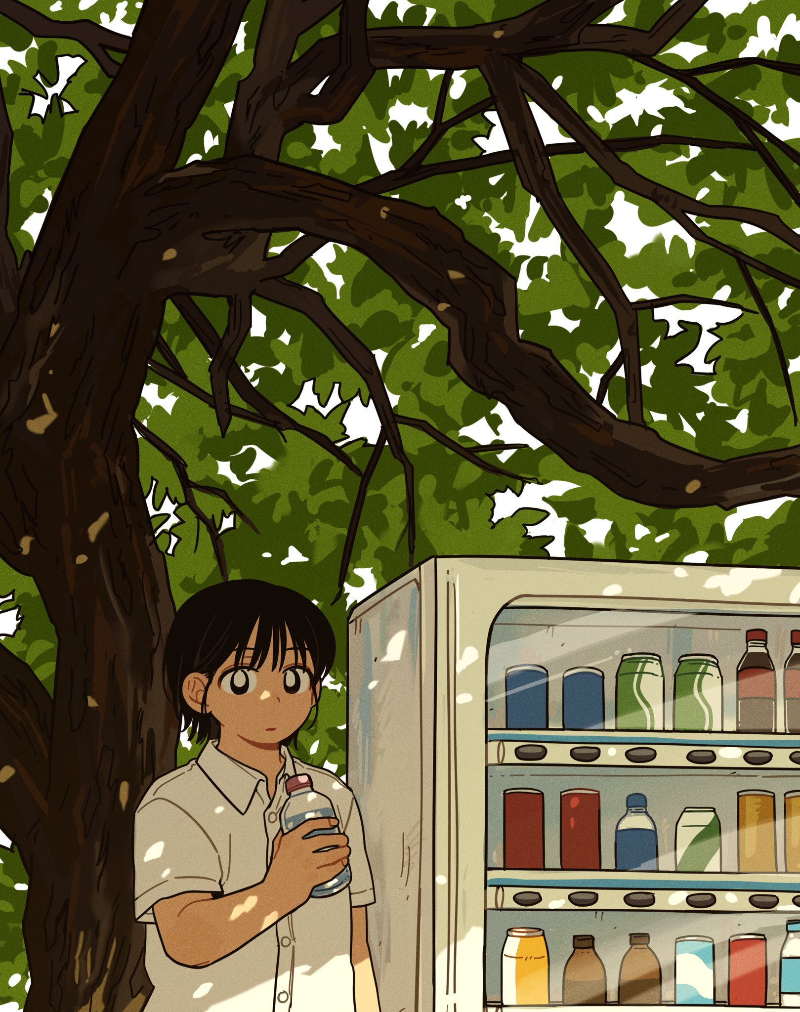 sihyun25, original, highres, 1girl, black eyes, black hair, bottle, bright pupils, collared shirt, day, holding, holding bottle, looking at viewer, outdoors, shirt, short hair, short sleeves, solo, tree, vending machine, white pupils, white shirt
