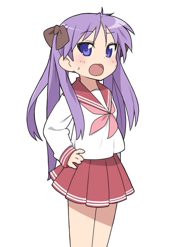 suzumiya annko, hiiragi kagami, lucky star, bad id, bad pixiv id, 00s, blue eyes, hand on own hip, hip focus, long hair, open mouth, purple hair, school uniform, serafuku, solo, twintails