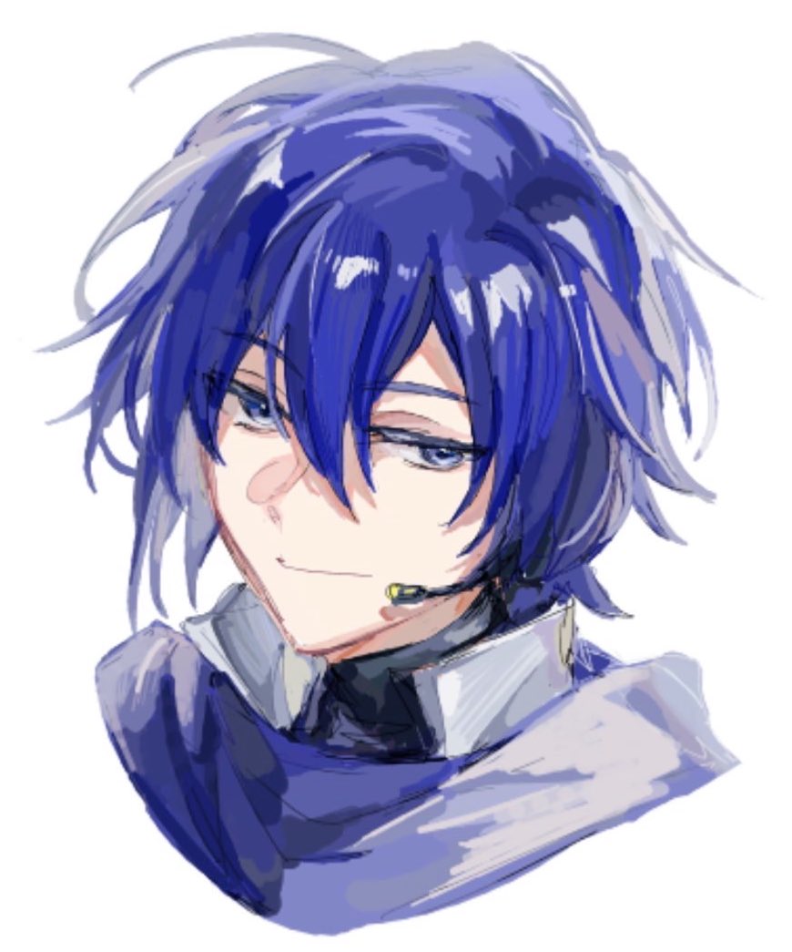 tyoookozuki, kaito (vocaloid), vocaloid, commentary request, 1boy, black shirt, blue eyes, blue hair, blue scarf, closed mouth, hair between eyes, half-closed eyes, headset, light smile, looking at viewer, male focus, microphone, portrait, scarf, shirt, simple background, sketch, smile, solo, white background