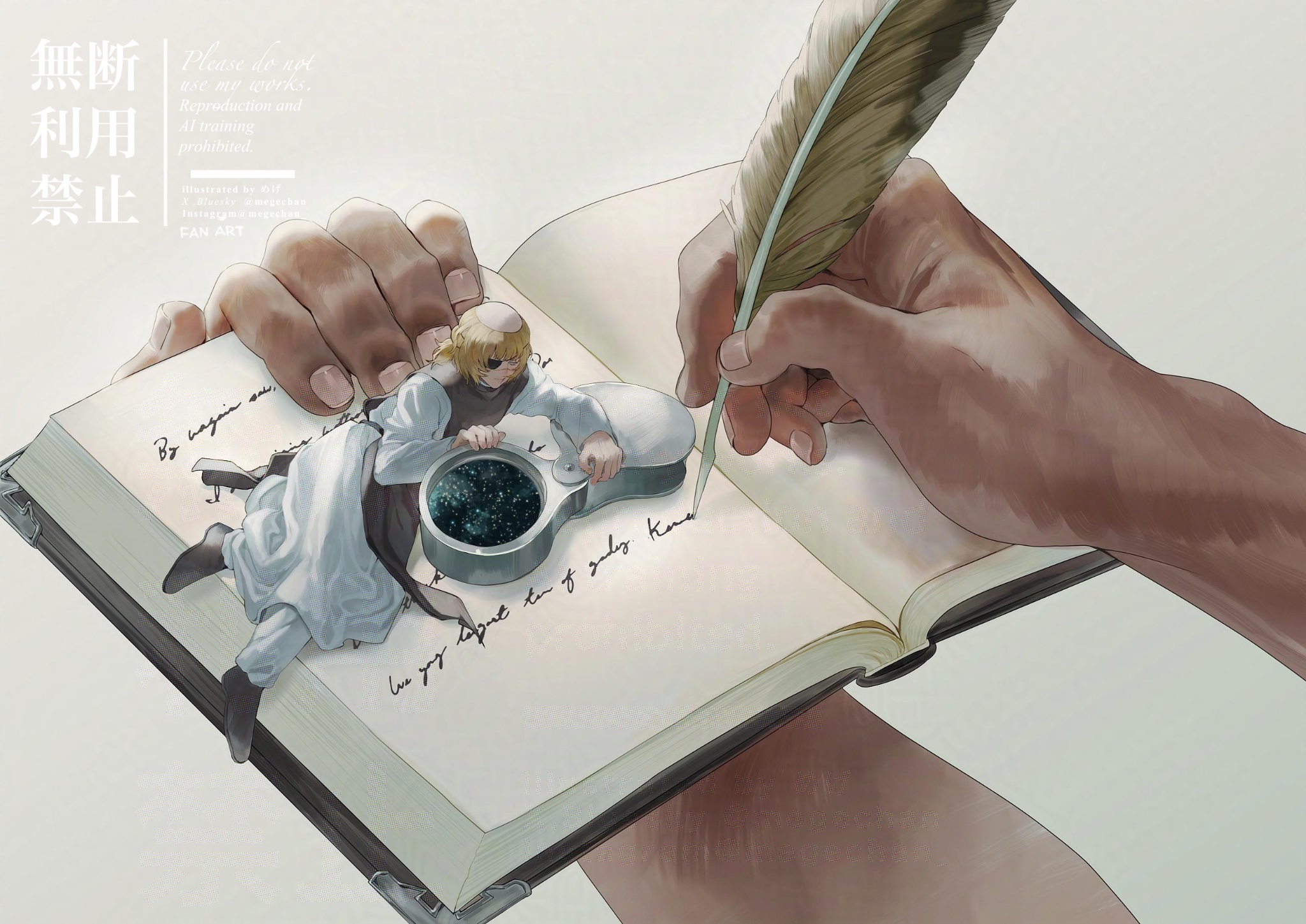 mege (megechan), badeni, chi.: chikyuu no undou ni tsuite, commentary request, highres, tagme, 1boy, blonde hair, blue eyes, book, cursive, eyepatch, feathers, long sleeves, male focus, medium hair, simple background, solo focus, white background, writing