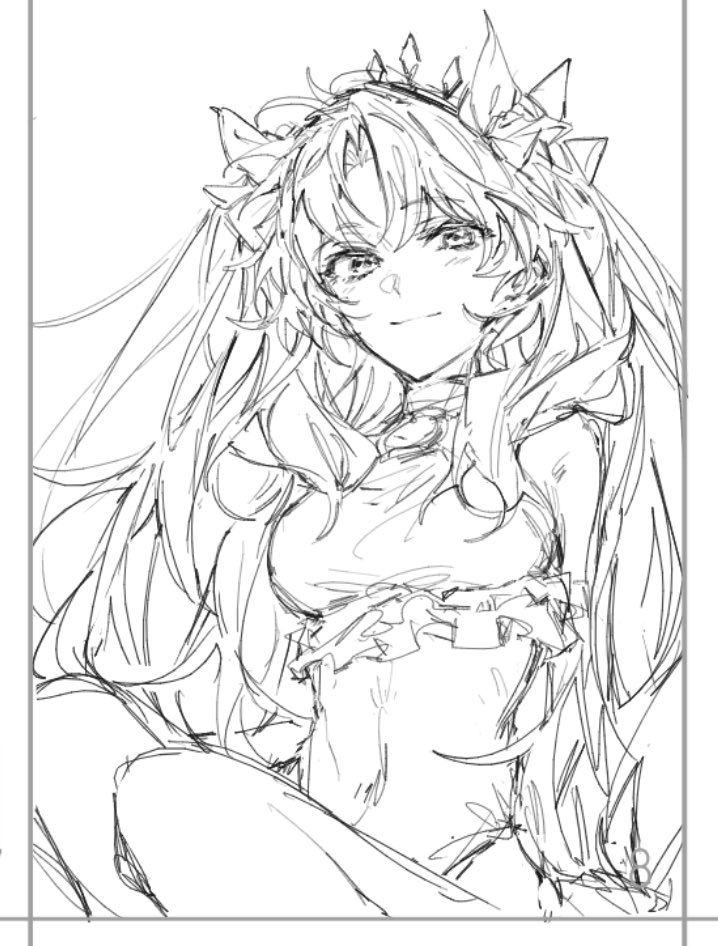 tyoookozuki, ereshkigal (fate), fate/grand order, fate (series), commentary request, 1girl, bare shoulders, bikini, blush, border, bow, breasts, closed mouth, covered navel, frilled bikini, frills, greyscale, hair bow, hair ribbon, jewelry, long hair, looking at viewer, medium breasts, monochrome, navel, parted bangs, ribbon, simple background, sitting, sketch, smile, solo, swimsuit, tiara, two side up, white background