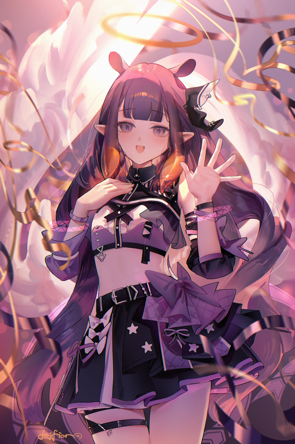 fcjfior, ninomae ina'nis, hololive, hololive english, commentary, hashtag-only commentary, highres, 1girl, :d, asymmetrical sleeves, black skirt, black sleeves, blunt bangs, bow, center-flap bangs, center frills, collared shirt, confetti, cowboy shot, cropped shirt, detached sleeves, fang, frills, gradient hair, grey eyes, hair ribbon, halo, hand on own chest, hands up, hololive idol uniform (color rise), idol, idol clothes, long hair, midriff, miniskirt, mismatched sleeves, mole, mole under eye, multicolored hair, multicolored shirt, navel, official alternate costume, open mouth, orange hair, puffy detached sleeves, puffy short sleeves, puffy sleeves, purple hair, purple shirt, ribbon, shirt, short sleeves, sidelocks, single detached sleeve, single sleeve, skirt, smile, solo, straight-on, tentacle hair, thigh strap, very long hair, virtual youtuber, waist bow, waving