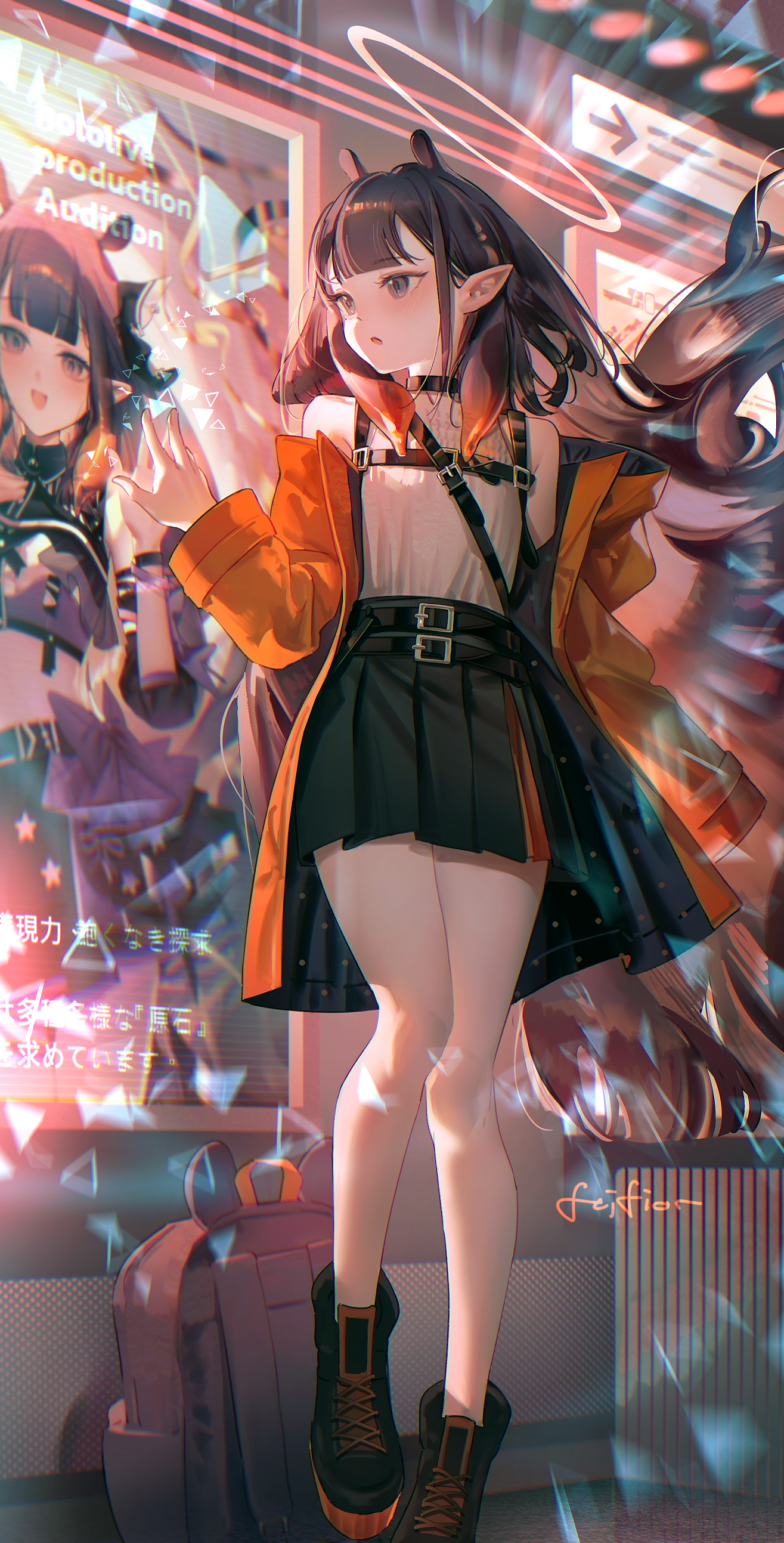 fcjfior, ninomae ina'nis, hololive, hololive english, absurdres, commentary, english commentary, highres, 1girl, alternate costume, backpack, bag, black boots, black skirt, blunt bangs, boots, center-flap bangs, chest harness, colored shoe soles, full body, gradient hair, grey eyes, halo, harness, hololive idol uniform (color rise), hood, hooded jacket, jacket, lace-up boots, long hair, looking at object, miniskirt, multicolored hair, off shoulder, open mouth, orange hair, orange jacket, pleated skirt, pointy ears, purple hair, shirt, shirt tucked in, sidelocks, skirt, sleeveless, sleeveless shirt, solo, tentacle hair, very long hair, virtual youtuber