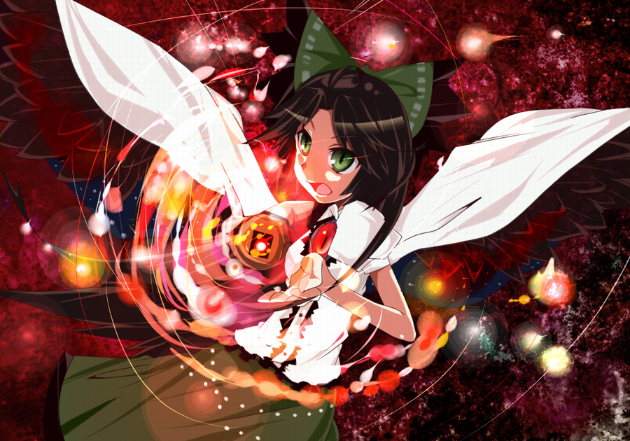 katakura nayuuki, reiuji utsuho, touhou, bad id, bad pixiv id, 1girl, bow, brown hair, female focus, green eyes, long hair, skirt, solo, wings