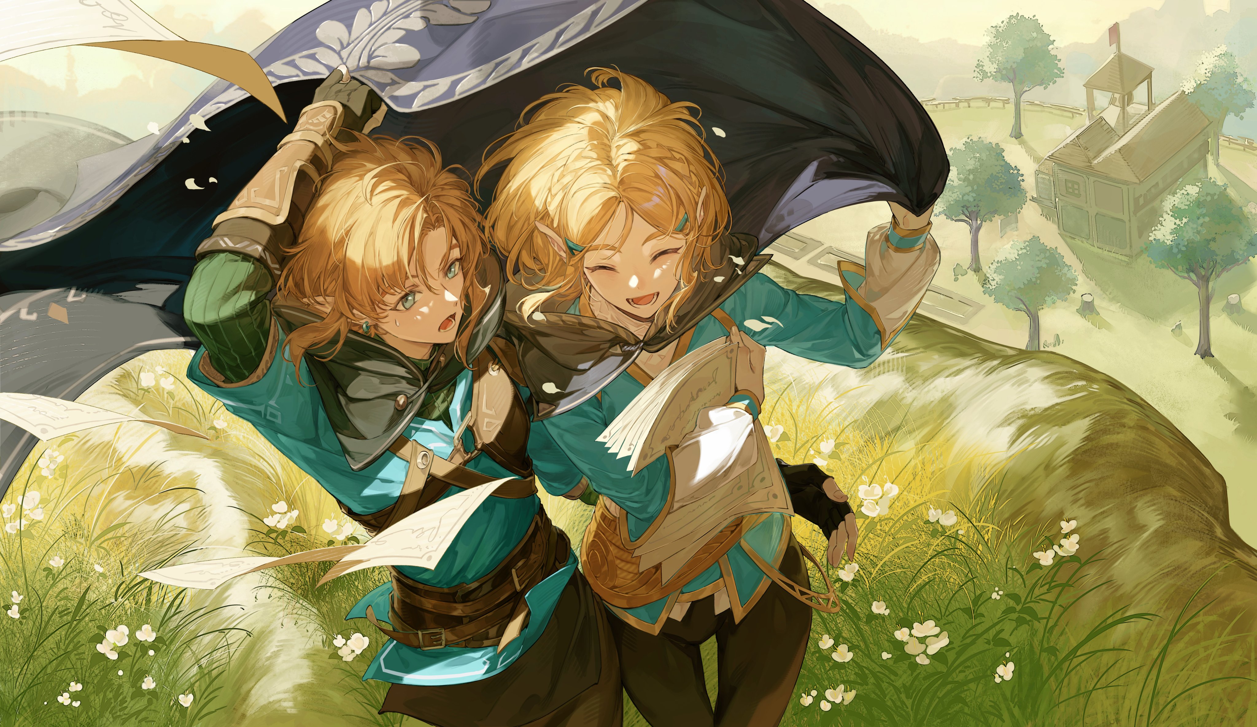 jingsang w, link, princess zelda, nintendo, the legend of zelda, the legend of zelda: tears of the kingdom, absurdres, hashtag-only commentary, highres, 1boy, 1girl, aqua shirt, aqua tunic, arm around waist, black cloak, black gloves, black pants, black sweater, blonde hair, braid, cloak, closed eyes, crown braid, earrings, fingerless gloves, flying paper, gloves, gold trim, grass, hair between eyes, hair ornament, hairclip, hover hand, jewelry, medium hair, open mouth, outdoors, pants, paper, parted bangs, pointy ears, ribbed sweater, shirt, short hair, sidelocks, smile, sweater, tunic