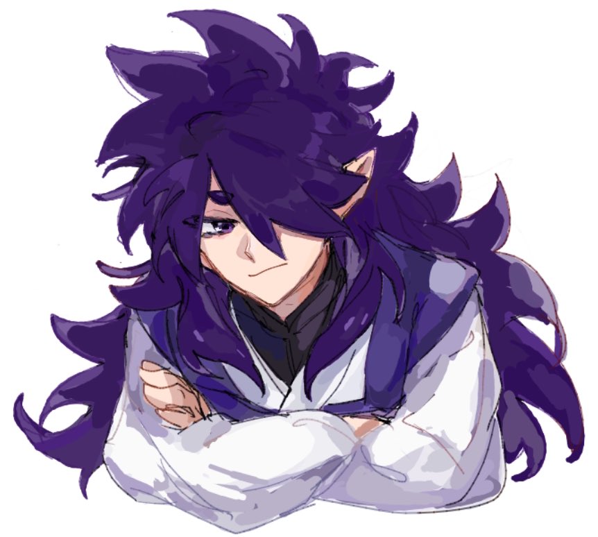 tyoookozuki, fengxi (the legend of luoxiaohei), luo xiaohei zhanji, 1boy, chinese clothes, closed mouth, cropped torso, crossed arms, hair over one eye, hanfu, long hair, long sleeves, looking at viewer, male focus, pointy ears, purple eyes, purple hair, simple background, smile, solo, upper body, white background, white hanfu