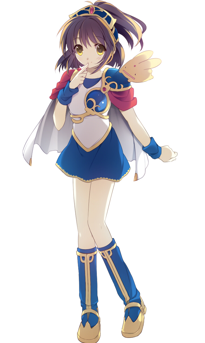 kage (artist), sasakage, arle nadja, carbuncle (puyopuyo), madou monogatari, puyopuyo, bad id, bad pixiv id, highres, 1girl, animal, blue skirt, brown hair, cape, female focus, finger to mouth, half updo, ponytail, simple background, skirt, smile, solo, white background, yellow eyes