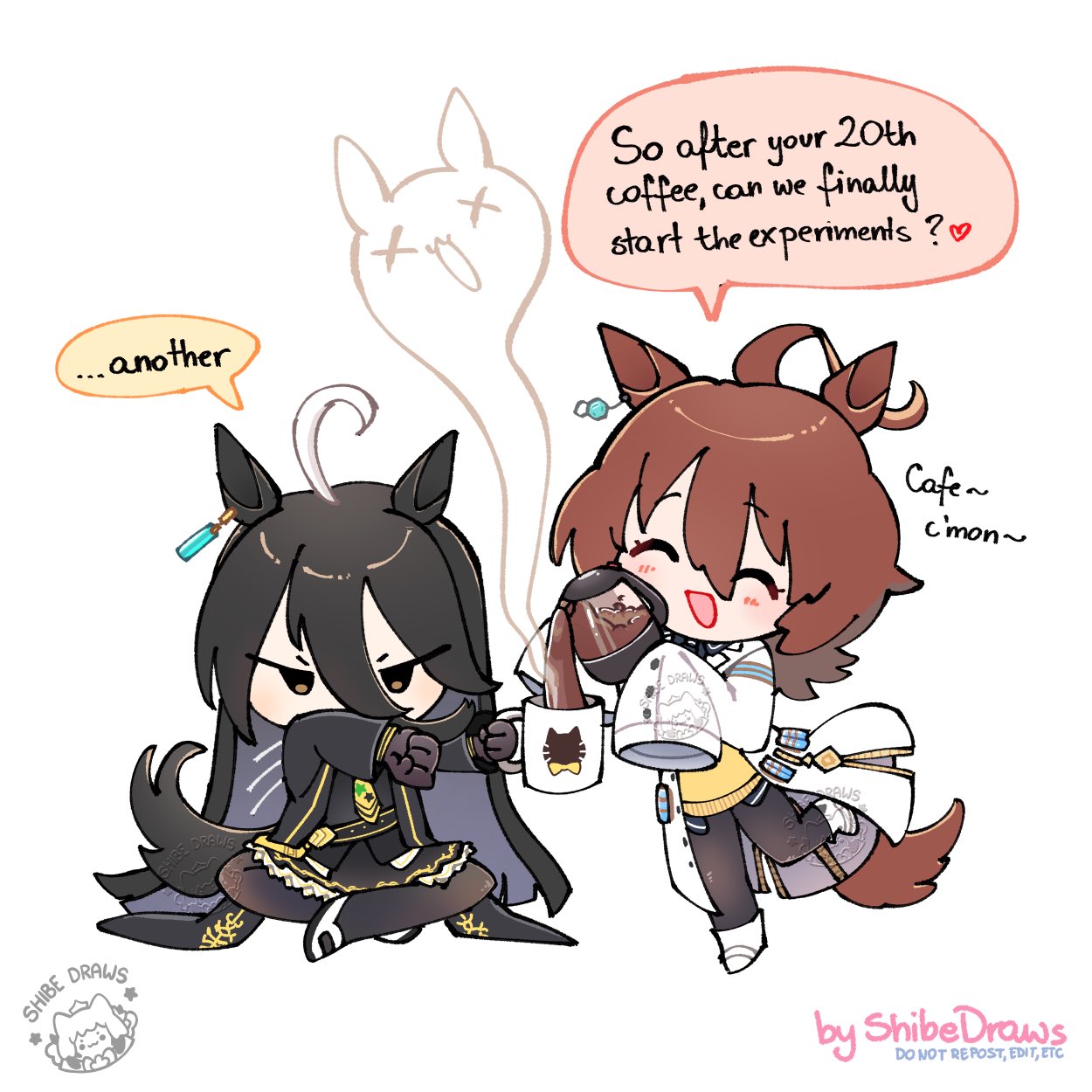shibedraws, agnes tachyon (tach-nology) (umamusume), agnes tachyon (umamusume), manhattan cafe (creeping black) (umamusume), manhattan cafe (umamusume), umamusume, commentary, english commentary, highres, 2girls, ahoge, animal ears, black coat, black gloves, black hair, black pantyhose, black shirt, black skirt, blush, brown hair, chemical structure, chibi, closed eyes, coat, coffee, coffee mug, coffee pot, collared shirt, cork, cup, ear tag, earrings, english text, giving up the ghost, gloves, hair between eyes, holding, holding cup, horse ears, horse girl, horse tail, huge ahoge, jewelry, lab coat, long bangs, long hair, long hair between eyes, long sleeves, medium hair, mug, multicolored hair, multiple girls, necktie, open mouth, pantyhose, pouring, shirt, single earring, skirt, sleeves past fingers, sleeves past wrists, smile, speech bubble, steam, sweater, tail, test tube, white coat, white hair, yellow necktie, yellow sweater