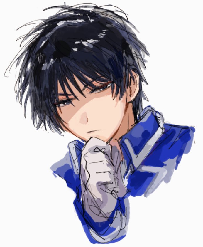 tyoookozuki, roy mustang, fullmetal alchemist, commentary request, 1boy, black eyes, black hair, blue jacket, close-up, closed mouth, collared jacket, expressionless, frown, gloves, half-closed eyes, hand on own chin, hand up, high collar, jacket, long sleeves, looking at viewer, male focus, messy hair, military, military uniform, portrait, serious, shaded face, short hair, simple background, sketch, solo, stroking own chin, thinking, tsurime, upper body, white background, white gloves