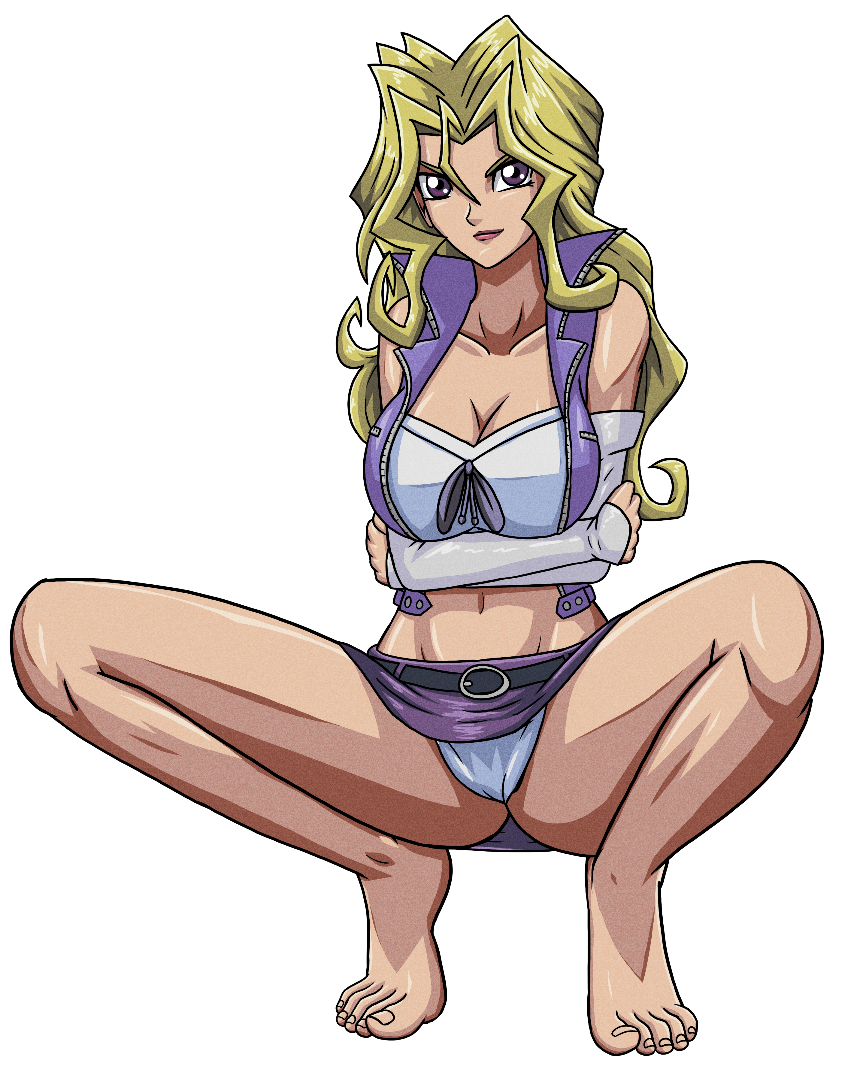 artemis-polara, kujaku mai, yu-gi-oh!, yu-gi-oh! duel monsters, absurdres, commentary, english commentary, highres, 1girl, barefoot, belt, blonde hair, breasts, cleavage, detached sleeves, feet, jacket, jewelry, large breasts, long hair, navel, purple eyes, purple jacket, purple skirt, skirt, sleeveless, sleeveless jacket, smile, solo, toes, transparent background