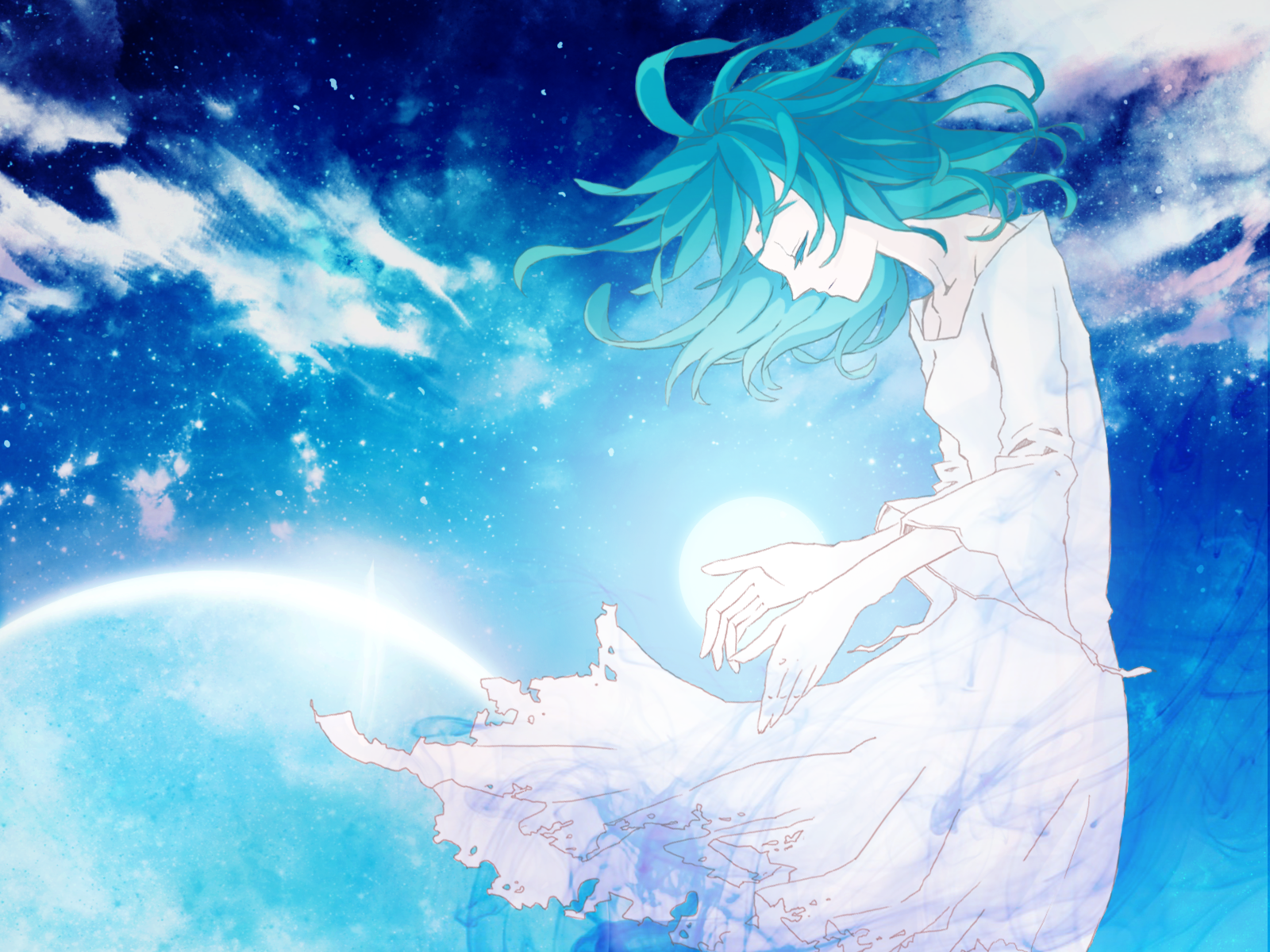 72 (nananatsu), gumi, vocaloid, bad id, bad pixiv id, highres, 1girl, blue hair, closed eyes, colored eyelashes, dress, female focus, solo, white dress
