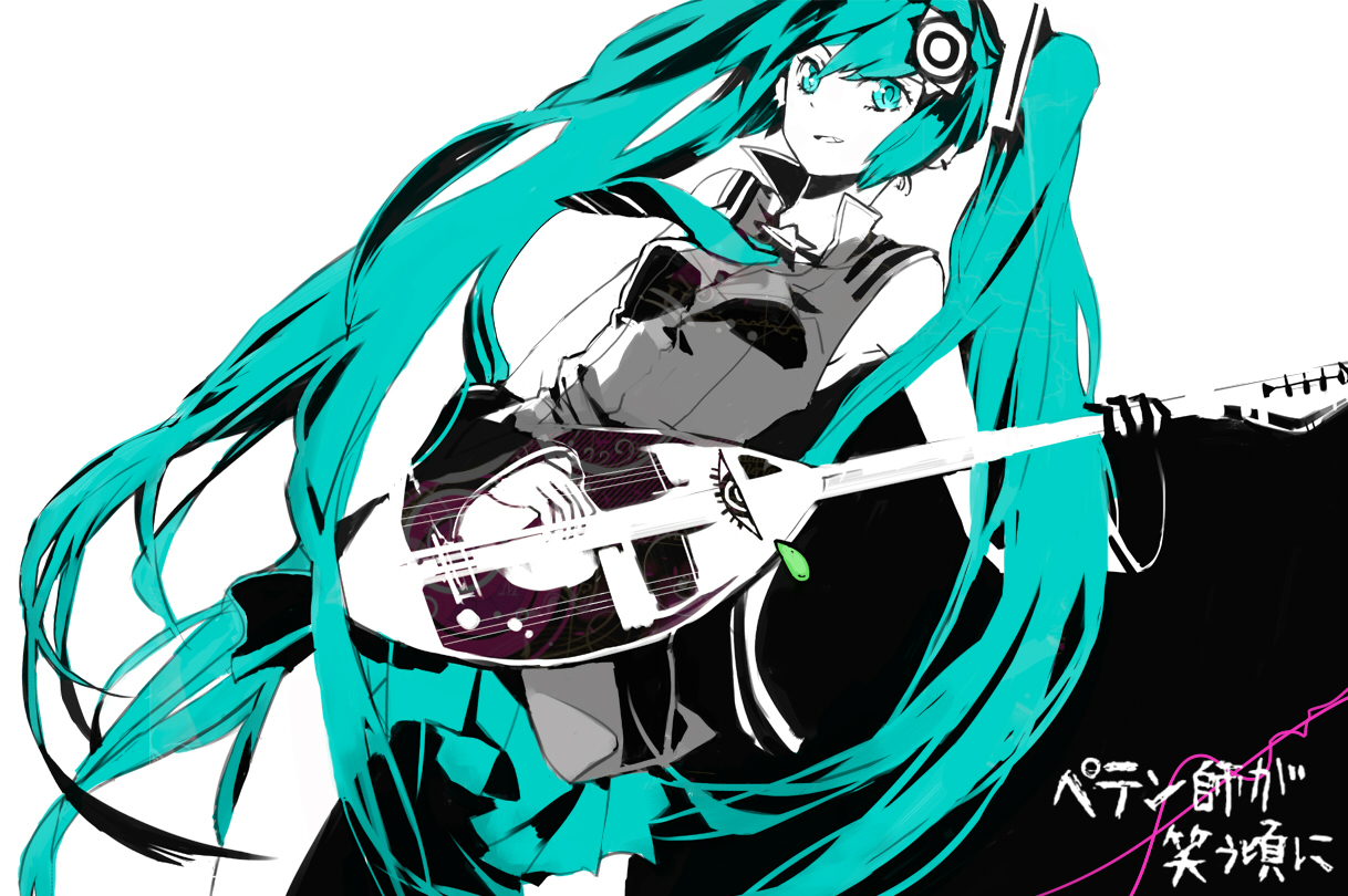 suohsuohsuohsuoh, hatsune miku, vocaloid, 1girl, aqua eyes, aqua hair, female focus, instrument, long hair, pantyhose, solo, twintails, very long hair