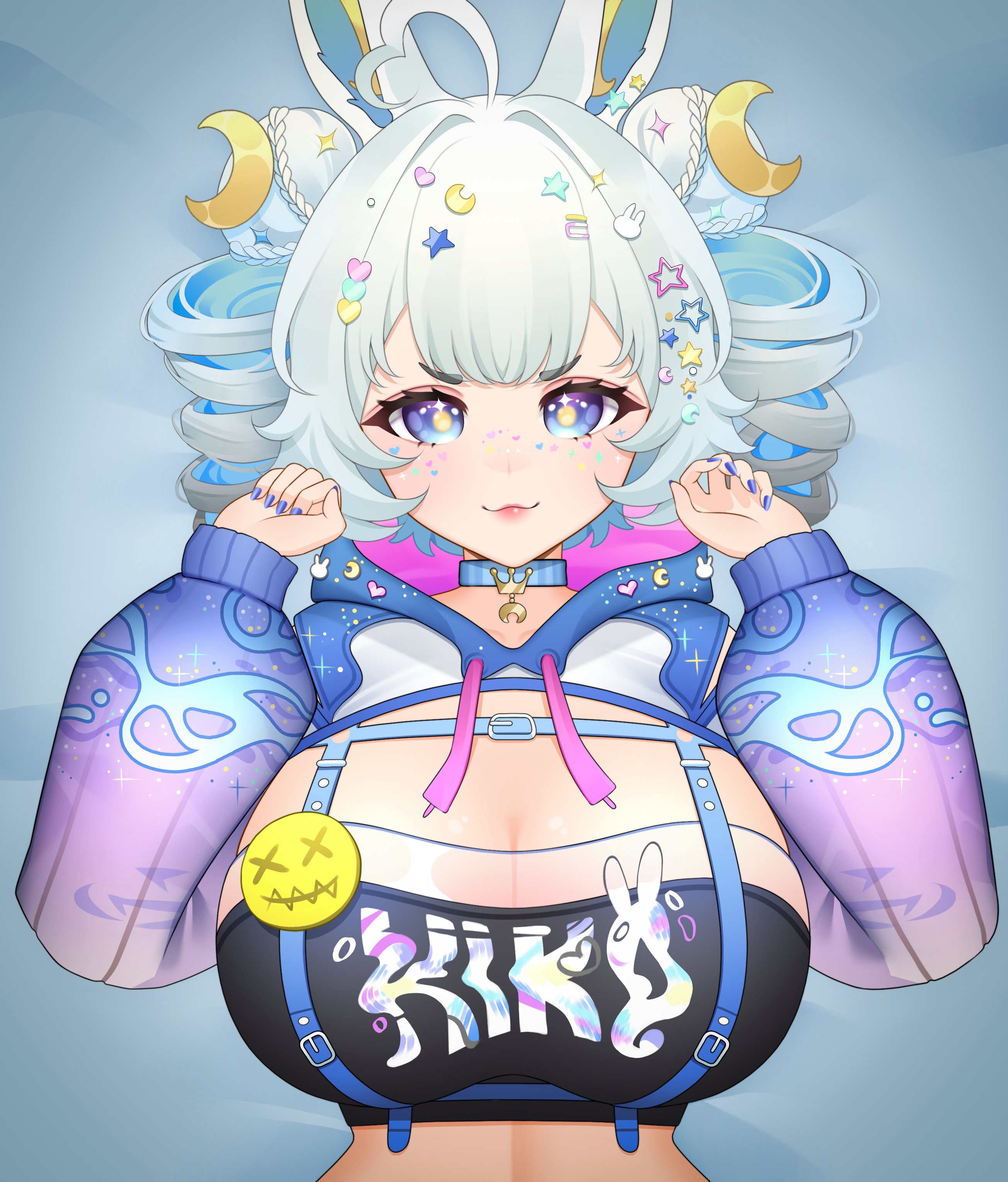 drey525, indie virtual youtuber, absurdres, commentary, english commentary, highres, 1girl, :3, ahoge, animal ears, belt, blue background, blue belt, blue choker, blue eyes, blue hair, blue nails, blue shrug, breasts, center-flap bangs, chest belt, choker, cleavage, closed mouth, crescent, crescent hair ornament, double-parted bangs, double bun, drill hair, facial mark, fingernails, gradient shrug, hair bun, hair intakes, hair ornament, hands up, heart, heart ahoge, heart facial mark, heart hair ornament, hood, hood down, hooded shrug, large breasts, long sleeves, looking at viewer, lunnarbunnie (vtuber), multicolored shrug, nail polish, purple shrug, rabbit ears, rabbit girl, rabbit hair ornament, short hair, shrug (clothing), simple background, smile, solo, star (symbol), star hair ornament, twin drills, upper body, virtual youtuber, yellow pupils