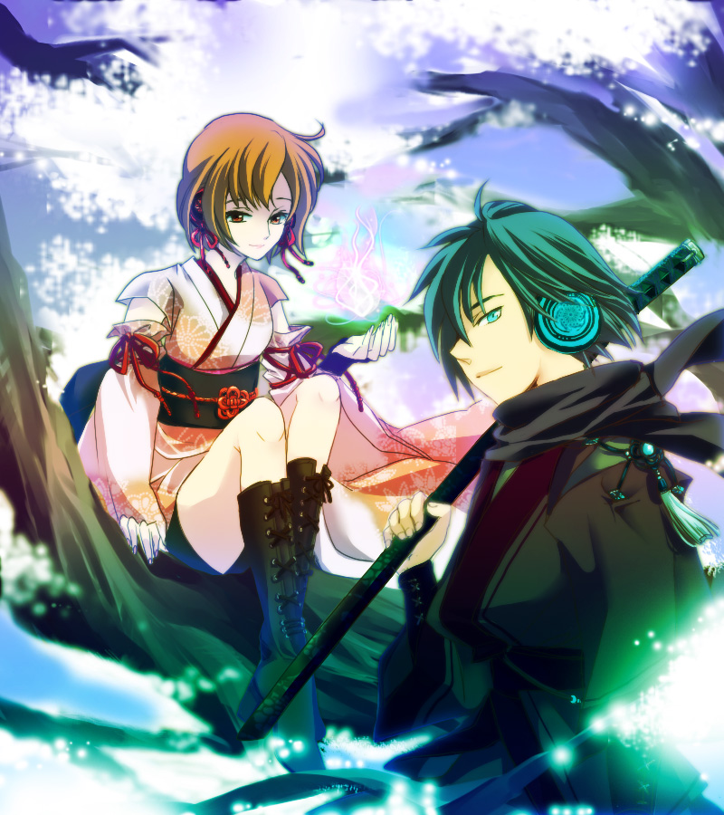 unibouzu, uya, kaito (vocaloid), meiko (vocaloid), tsugai kogarashi (vocaloid), vocaloid, bad id, bad pixiv id, 1boy, 1girl, black scarf, blue eyes, blue hair, boots, brown eyes, brown hair, detached sleeves, japanese clothes, katana, kimono, ribbon, scarf, short hair, smile, sword, weapon