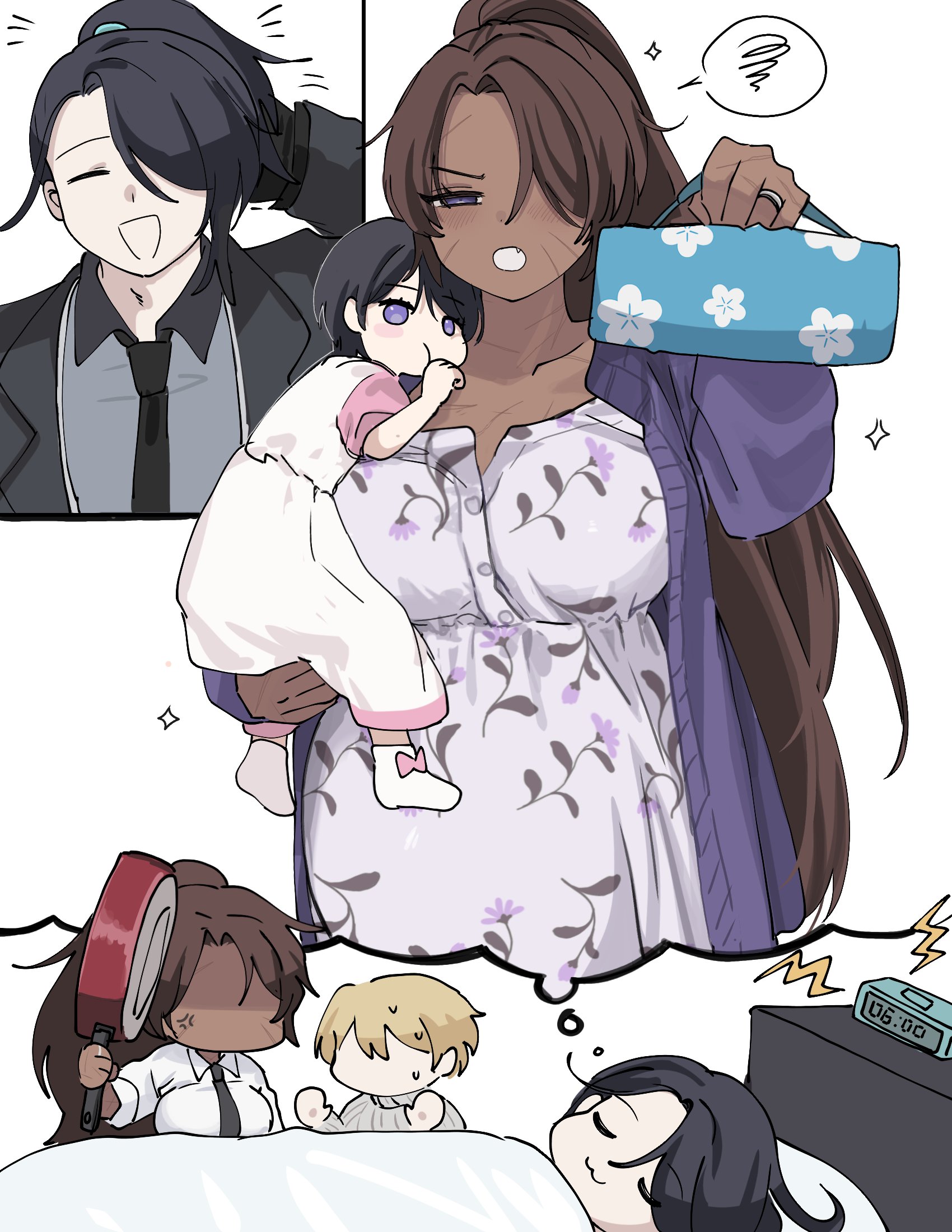 ngancurindunia, heathcliff (project moon), hong lu (project moon), limbus company, project moon, 1boy, 2girls, anger vein, angry, blush, breasts, collarbone, dark-skinned female, dark skin, dreaming, genderswap, genderswap (mtf), housewife, long hair, multiple boys, multiple girls, ponytail, pregnant, purple eyes, scar, sleeping, sweat, sweatdrop, white background