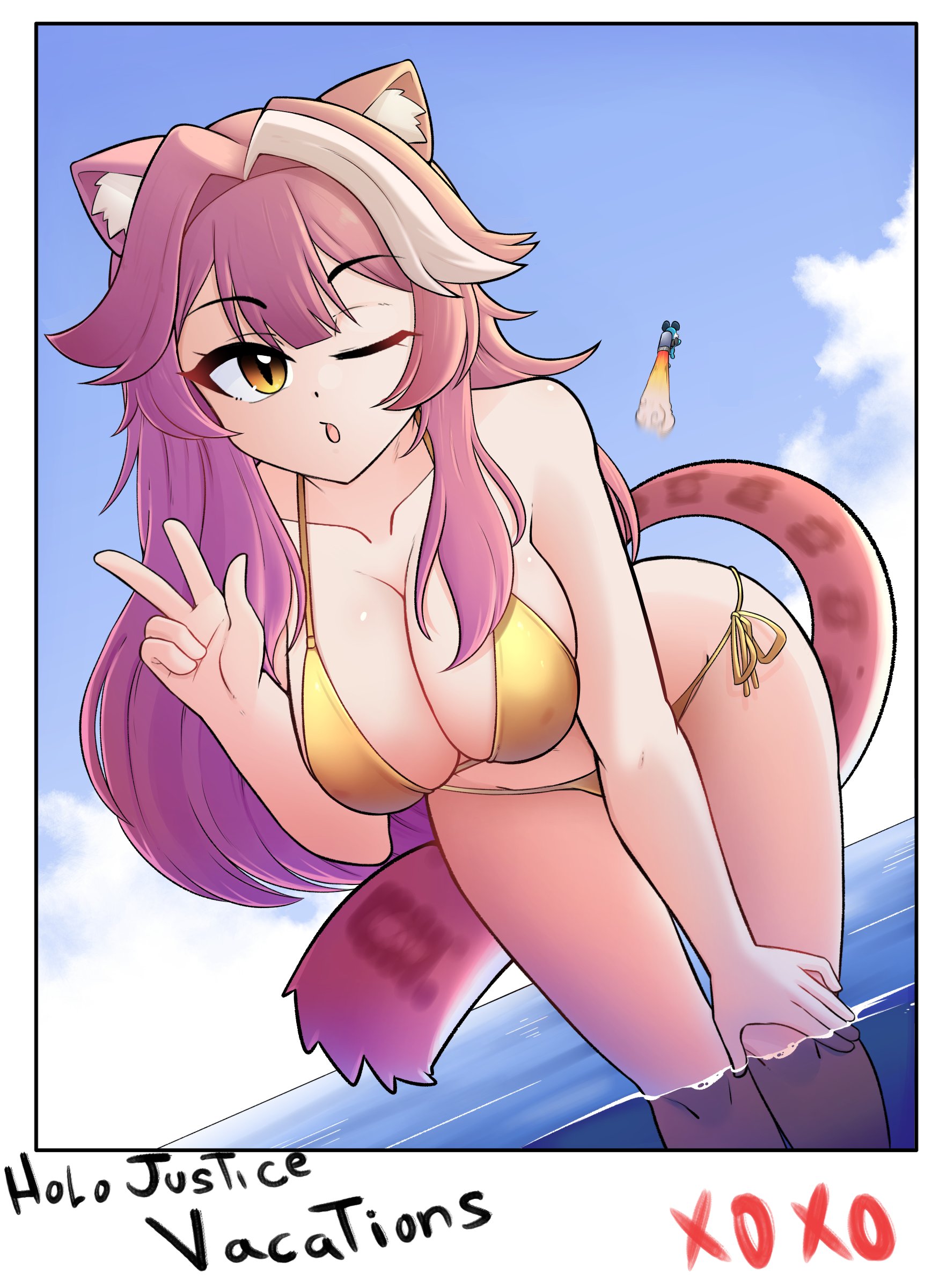 konan exe, raora panthera, hololive, hololive english, 1girl, animal ears, bent over, bikini, blue sky, border, breasts, collarbone, day, dot nose, english text, eyelashes, feet out of frame, female focus, hand on own knee, hand up, large breasts, long hair, looking at viewer, multicolored hair, ocean, one eye closed, open mouth, outdoors, panther ears, panther girl, panther tail, photo (object), pink hair, sideboob, sky, solo, standing, swimsuit, tail, two-tone hair, virtual youtuber, w, water, white border, white hair, wide hips, yellow bikini, yellow eyes