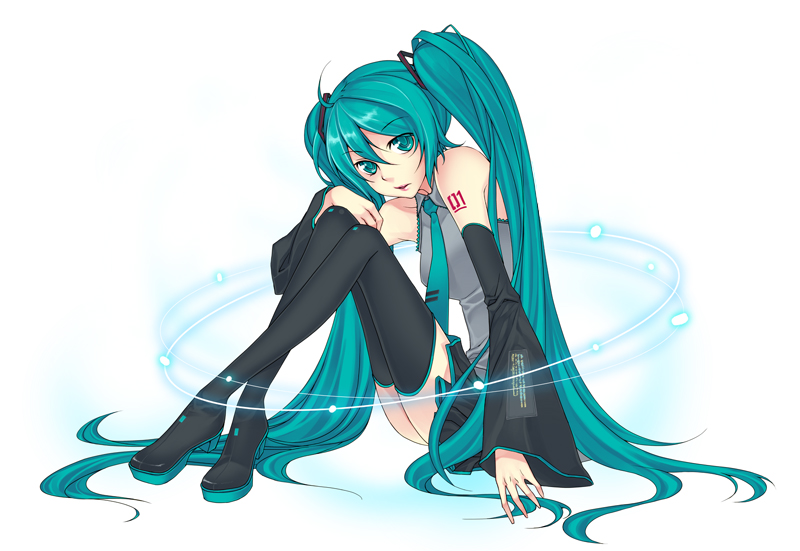 coffinboy, hatsune miku, vocaloid, 1girl, aqua eyes, aqua hair, detached sleeves, female focus, full body, legs, lips, long hair, necktie, sitting, skirt, solo, thighhighs, twintails, very long hair, white background, zettai ryouiki