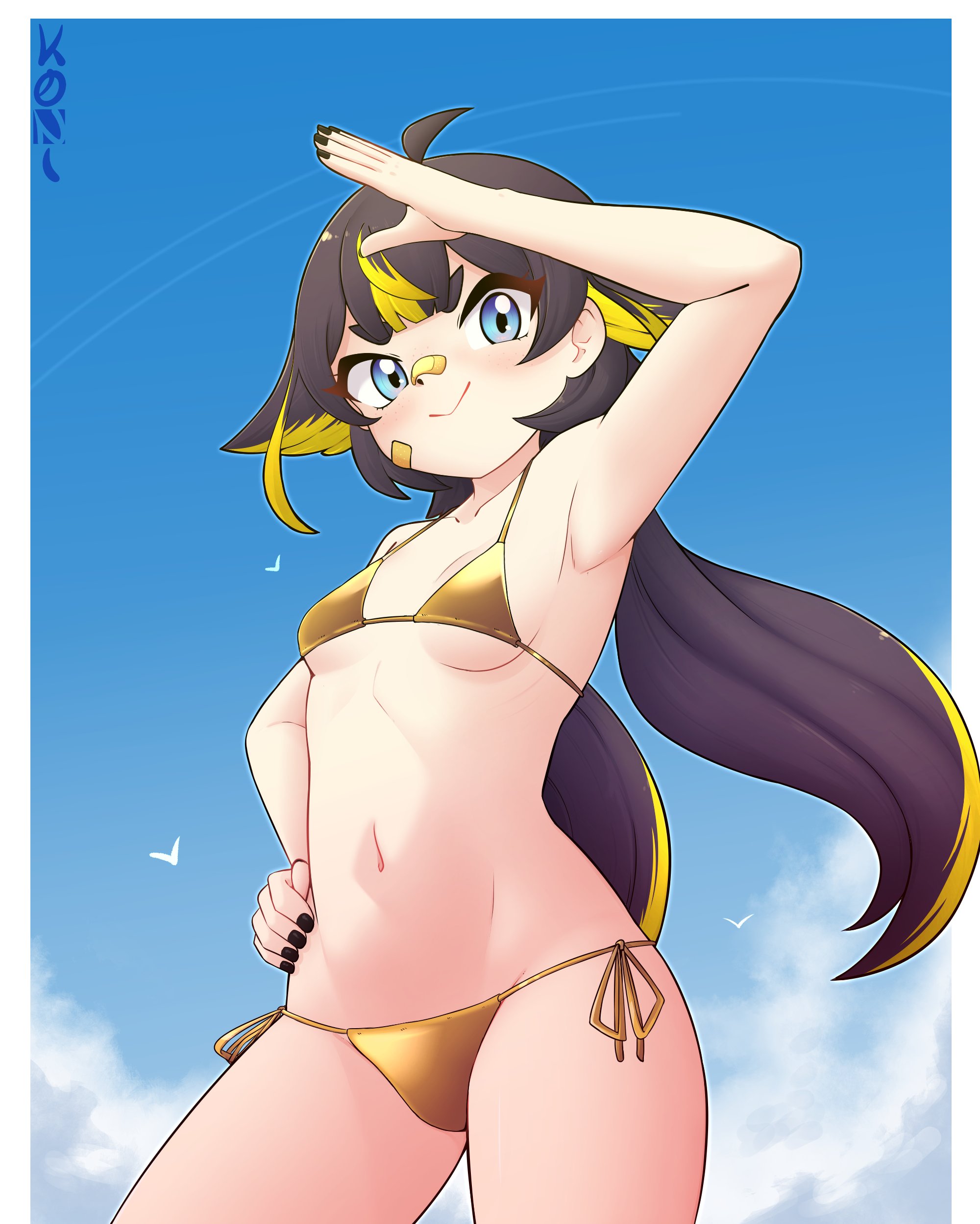 konan exe, toko (vtuber), indie virtual youtuber, variant set, 1girl, arm up, armpits, artist name, bikini, black hair, black nails, blonde hair, blue eyes, blue sky, blush, boots, breasts, closed mouth, cowboy shot, day, eyelashes, female focus, fingernails, from below, gold bikini, long hair, looking at viewer, looking down, low twintails, multicolored hair, nail polish, outdoors, petite, side-tie bikini bottom, sky, small breasts, smile, solo, swimsuit, thigh boots, twintails, two-tone hair, virtual youtuber
