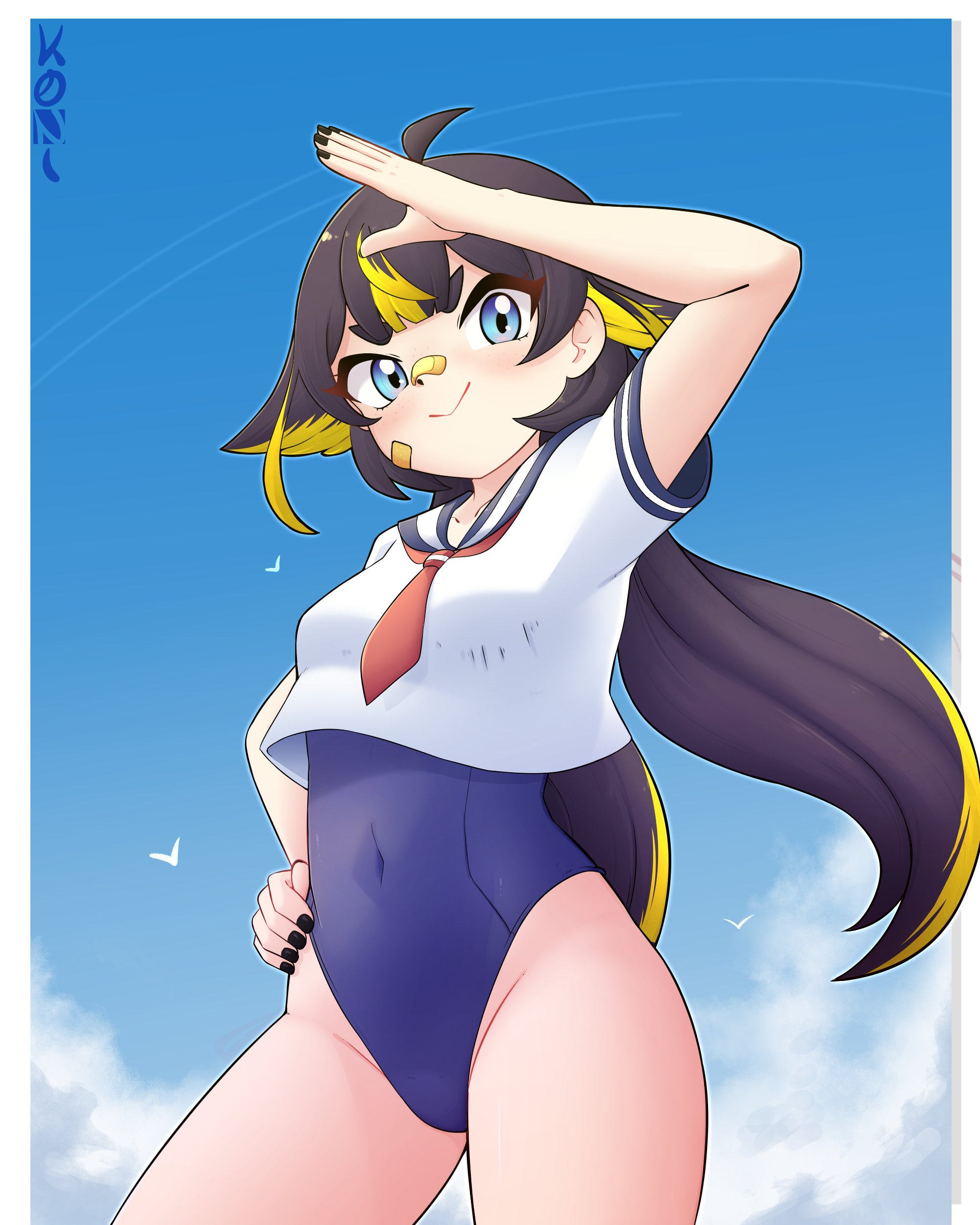 konan exe, toko (vtuber), indie virtual youtuber, variant set, 1girl, arm up, artist name, black hair, black nails, blonde hair, blue eyes, blue one-piece swimsuit, blue sky, blush, closed mouth, covered navel, cowboy shot, cropped shirt, day, eyelashes, female focus, fingernails, from below, long hair, looking at viewer, looking down, low twintails, multicolored hair, nail polish, one-piece swimsuit, outdoors, petite, shirt, sky, smile, solo, standing, swimsuit, thick eyebrows, twintails, two-tone hair, virtual youtuber, white shirt