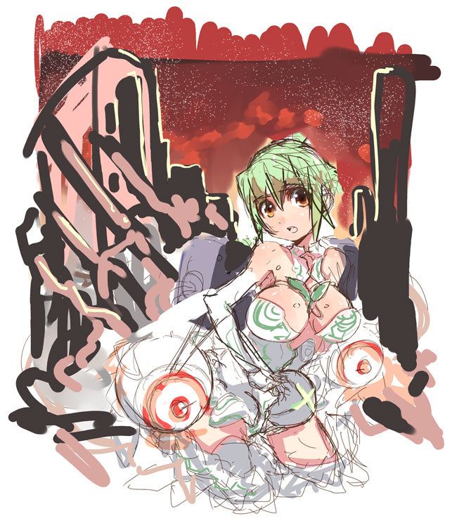 saimon fumie, tagme, 1girl, breasts, cleavage, female focus, green hair, short hair, solo