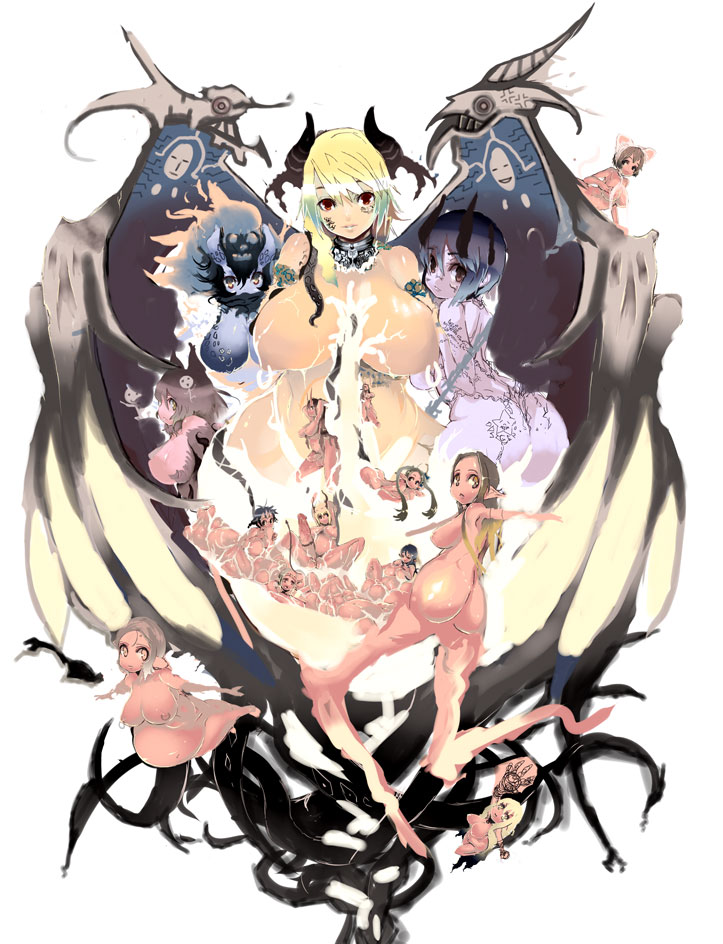 saimon fumie, 6+girls, demon, horns, multiple girls, pregnant, wings