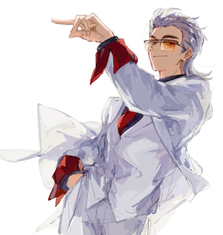 tyoookozuki, x (to be hero x), to be hero, to be hero x, commentary request, 1boy, black shirt, closed mouth, cowboy shot, dutch angle, formal clothes, grey hair, grey pants, hair slicked back, hand in pocket, hand up, jacket, long sleeves, looking at viewer, male focus, necktie, one eye closed, orange-tinted eyewear, pants, pointing, red necktie, shirt, short hair, simple background, sketch, smile, solo, standing, suit, sunglasses, tinted eyewear, white background, white jacket, white pants