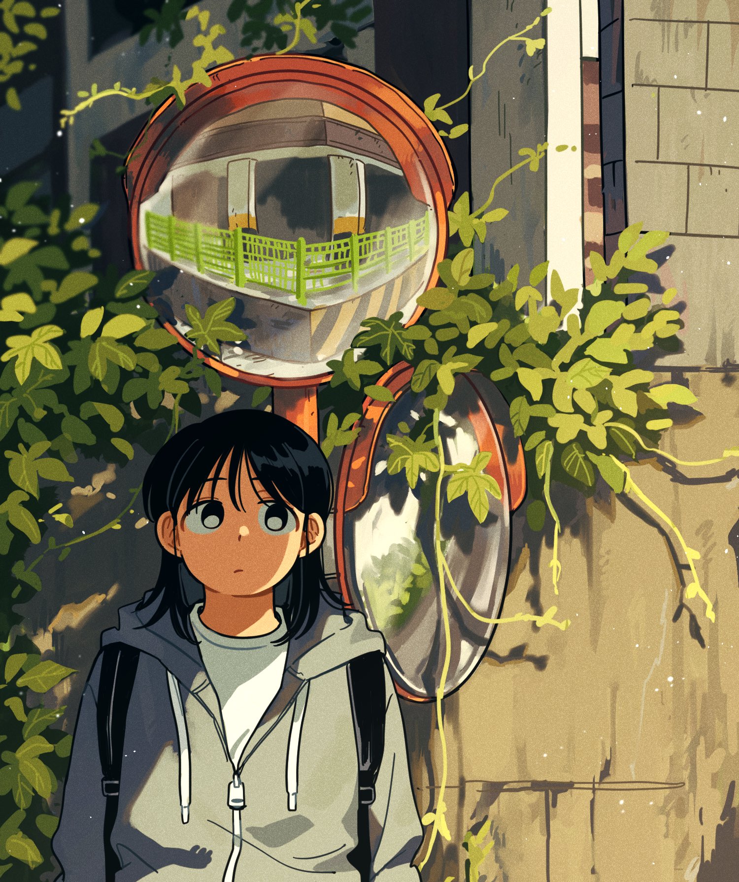 sihyun25, original, highres, 1girl, backpack, bag, black bag, black eyes, black hair, bright pupils, closed mouth, day, grey jacket, hood, hooded jacket, jacket, long sleeves, medium hair, outdoors, partially open jacket, partially unzipped, shirt, solo, traffic mirror, white pupils, white shirt, zipper pull tab