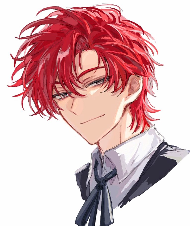 tyoookozuki, character request, copyright request, 1boy, black ribbon, brown eyes, closed mouth, collared shirt, cropped shoulders, hair between eyes, half-closed eyes, jacket, looking at viewer, male focus, neck ribbon, portrait, red hair, ribbon, shirt, short hair, simple background, smile, solo, white background, white shirt