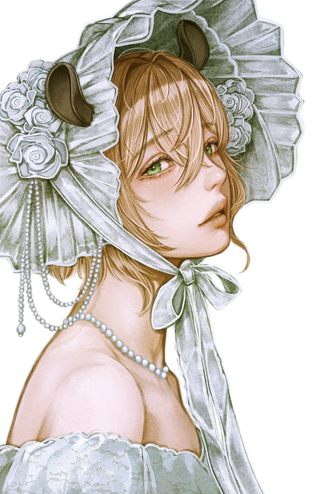 avocado2o2, nimi nightmare, indie virtual youtuber, commentary, english commentary, highres, 1girl, animal ears, bead necklace, beads, bonnet, brown hair, crossed bangs, dress, eyelashes, from side, green eyes, hair between eyes, hair intakes, jewelry, lips, necklace, off-shoulder dress, off shoulder, parted lips, short hair, simple background, solo, tapir ears, tapir girl, turning head, upper body, virtual youtuber, wedding dress, white background, white bonnet, white dress