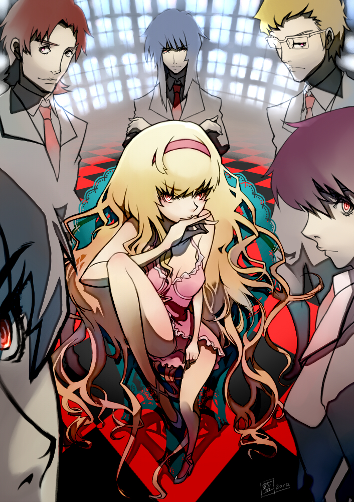 ai[sora], ai (sora), original, bad id, bad pixiv id, 1girl, 5boys, blonde hair, brown hair, glasses, long hair, multiple boys, red eyes, sitting, tuxedo, very long hair