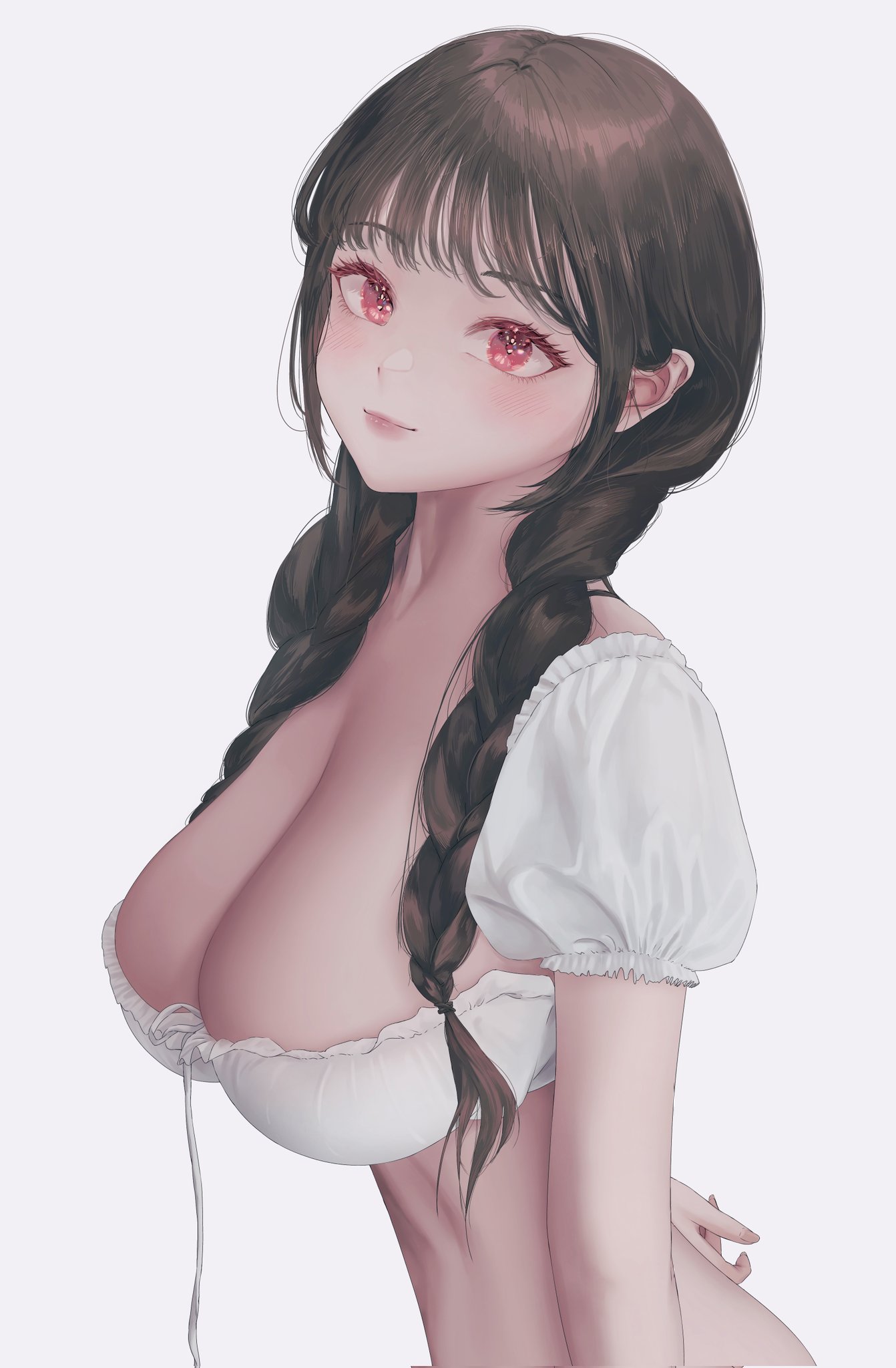 original, commentary request, corrupted twitter file, highres, korean commentary, 1girl, black hair, braid, braided twintails, breasts, cleavage, closed mouth, cropped shirt, detached sleeves, eyelashes, from side, hair over shoulder, large breasts, long hair, looking at viewer, looking to the side, nyang (nya aaang), red eyes, shirt, simple background, solo, upper body, white background, white shirt, wispy bangs