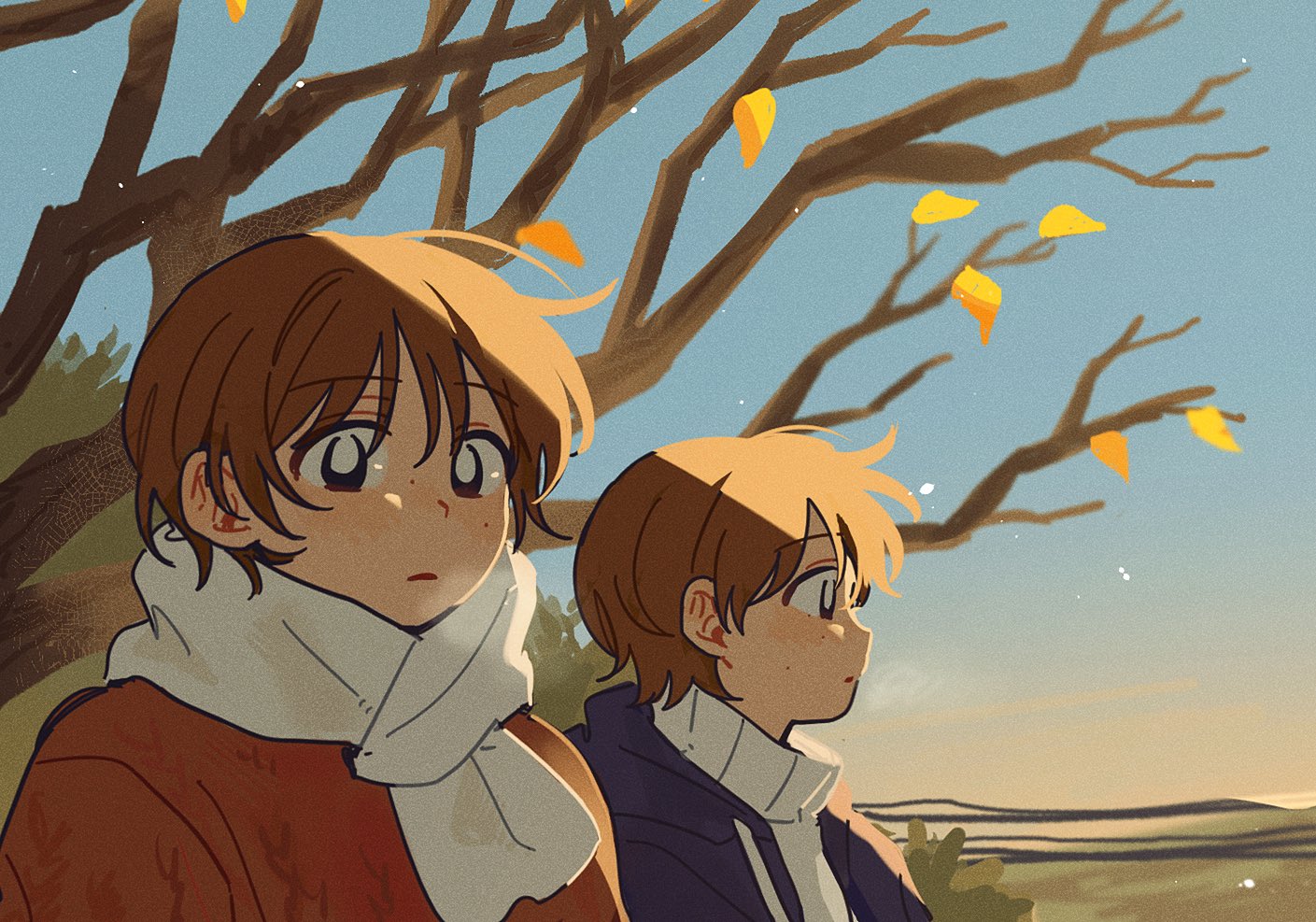 sihyun25, original, 2girls, bare tree, black coat, black eyes, bright pupils, brown hair, coat, long sleeves, looking at viewer, multiple girls, open clothes, open coat, orange sweater, outdoors, parted lips, scarf, short hair, sweater, tree, turtleneck, turtleneck sweater, white pupils, white scarf, white sweater