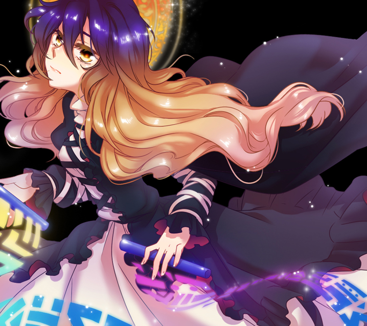 fuyu kitsune, hijiri byakuren, touhou, bad id, bad pixiv id, 1girl, cape, dress, female focus, gothic lolita, gradient hair, lolita fashion, long hair, multicolored hair, scroll, short hair, solo, sorcerer's sutra scroll, yellow eyes