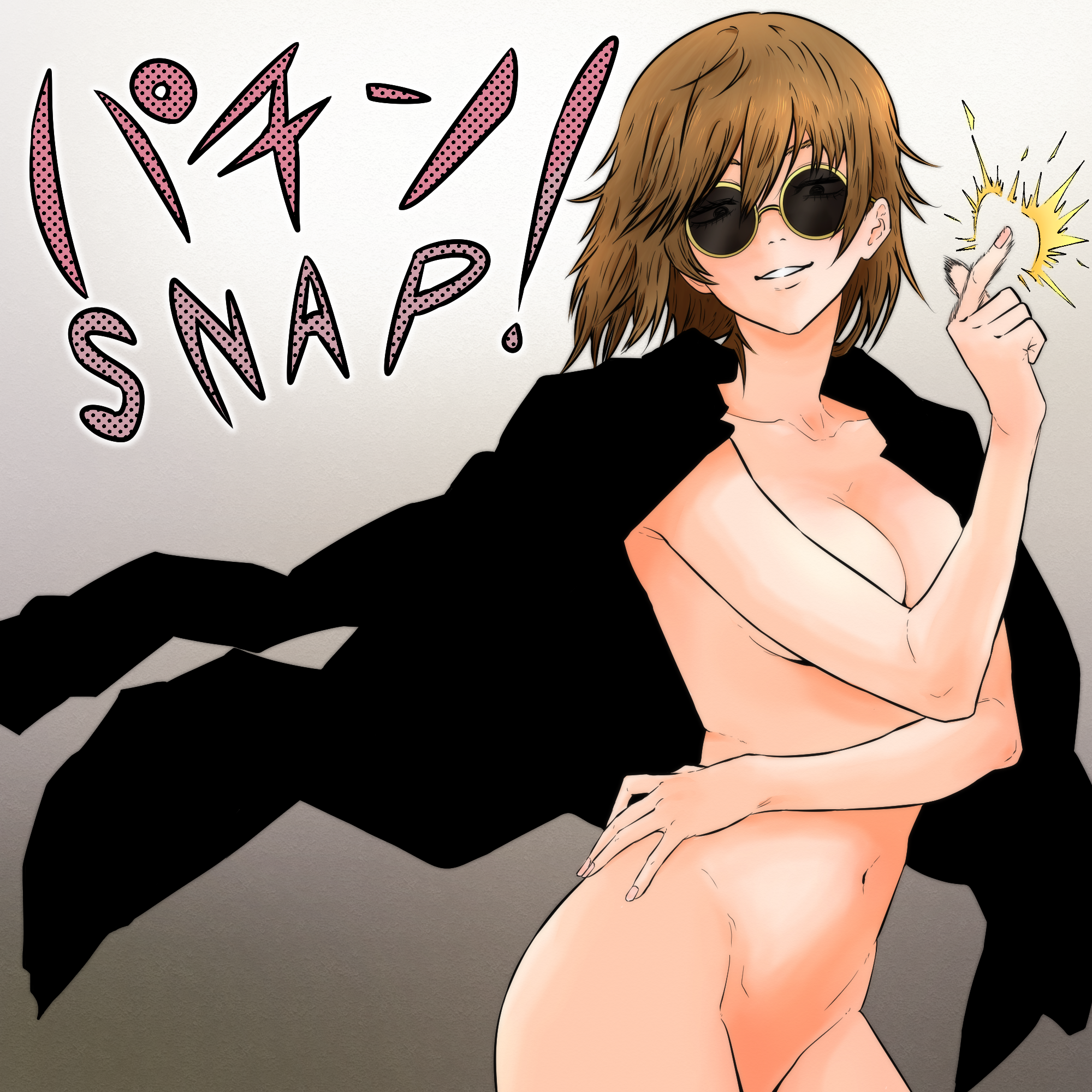 isuke (isuke now), whip devil (chainsaw man), chainsaw man, commentary request, highres, 1girl, black coat, breasts, coat, convenient censoring, english text, half-closed eyes, nude, smirk, smug, sparks, sunglasses