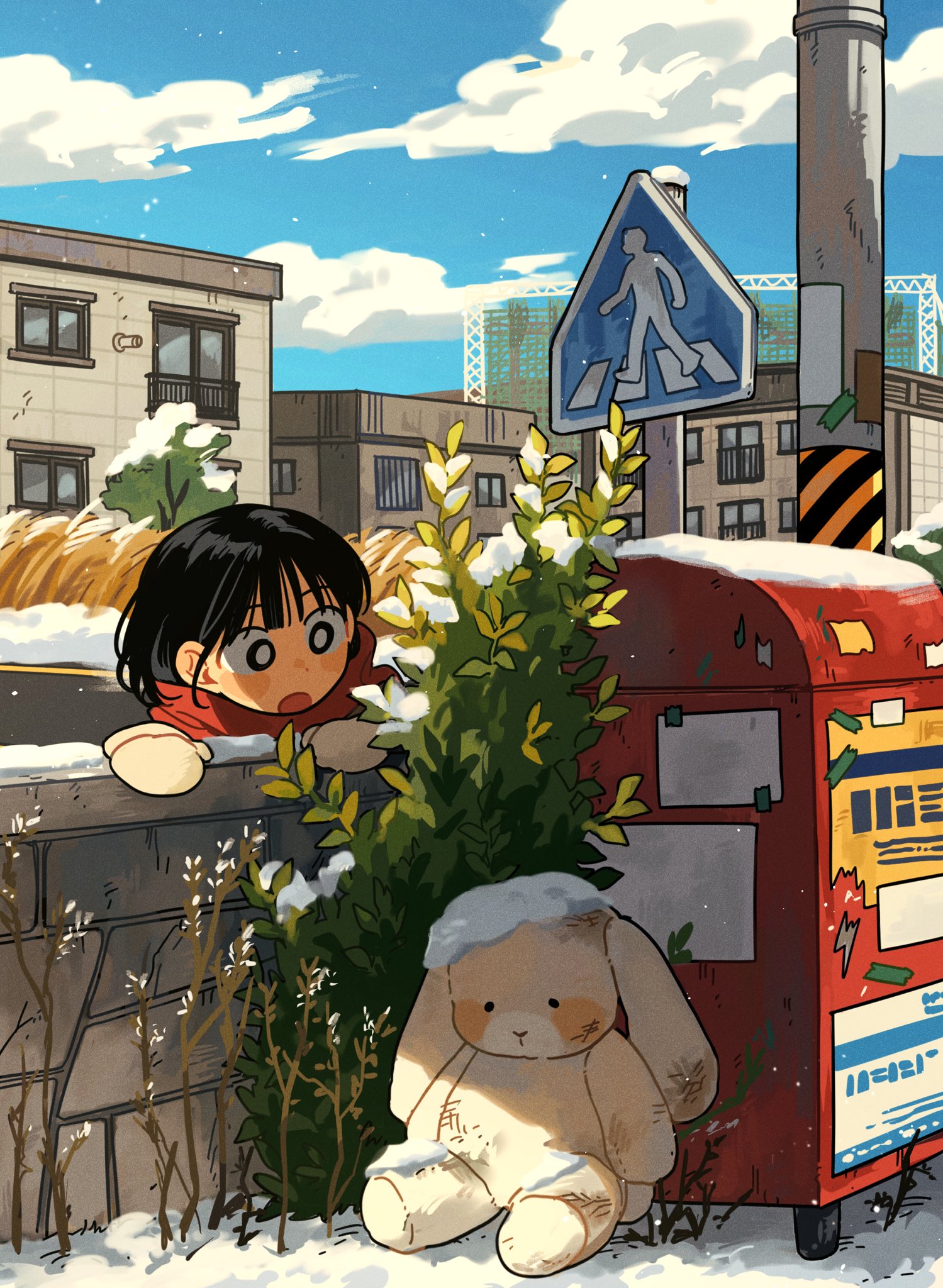 sihyun25, original, highres, 1girl, black eyes, black hair, blue sky, blush, cloud, cloudy sky, crosswalk sign, day, mittens, open mouth, outdoors, red scarf, scarf, short hair, sky, snow, solo, stuffed animal, stuffed rabbit, stuffed toy, tree, white mittens