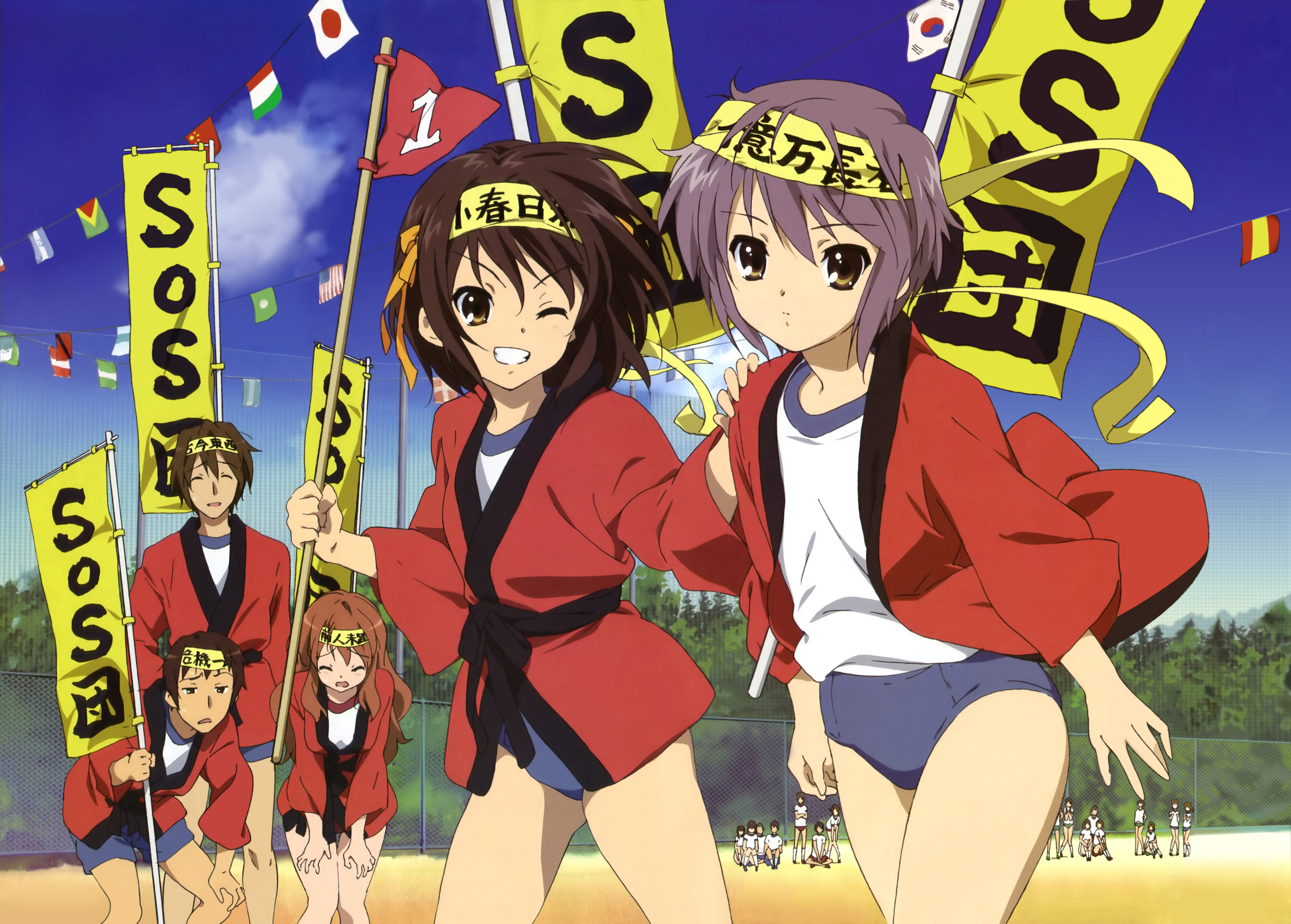 nishiya futoshi, asahina mikuru, koizumi itsuki, kyon, nagato yuki, suzumiya haruhi, suzumiya haruhi no yuuutsu, absurdres, detexted, highres, non-web source, official art, third-party edit, 00s, 3girls, ^ ^, american flag, brown eyes, brown hair, buruma, chain-link fence, closed eyes, cloud, d:, day, fence, flag, flags of all nations, grin, gym shorts, gym uniform, hachimaki, hand on own knee, hands on own thighs, happi, headband, japanese clothes, japanese flag, multiple girls, numbered flag, one eye closed, open mouth, purple hair, short hair, shorts, sky, smile, string of flags, wink