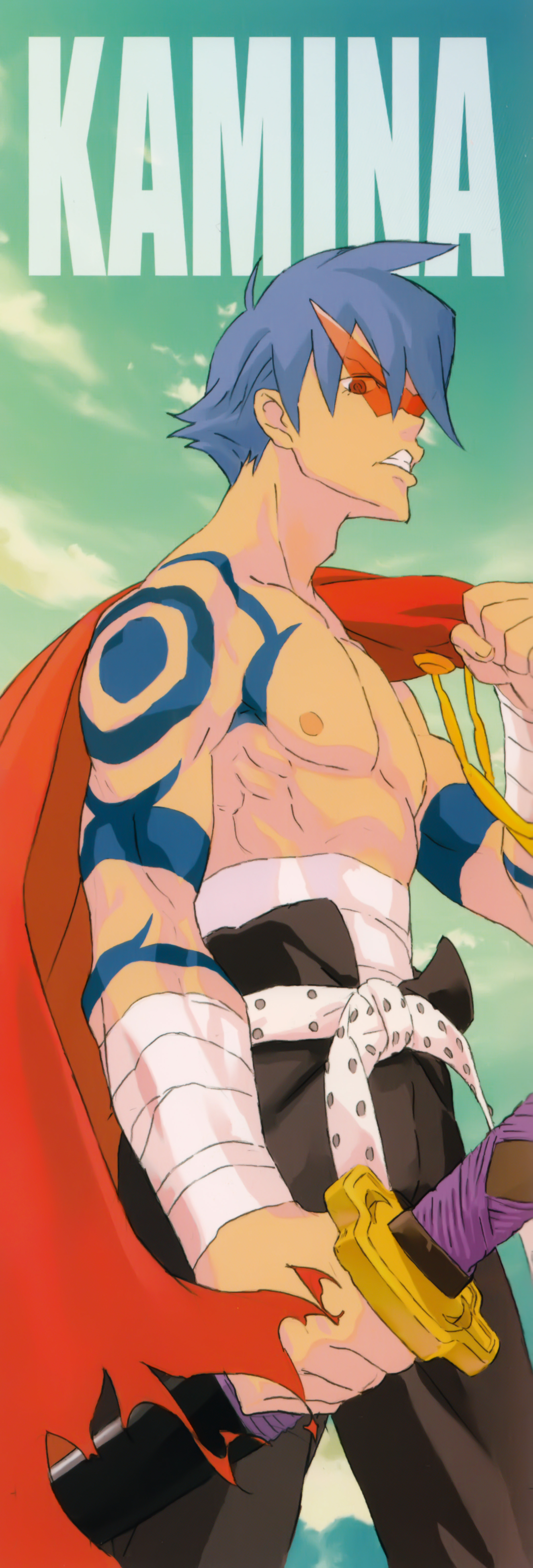 sushio, kamina (ttgl), tengen toppa gurren lagann, absurdres, highres, long image, official art, tall image, 00s, 1boy, bandages, belt, blue hair, cape, character name, kamina shades, male focus, manly, muscular, red eyes, sarashi, solo, sunglasses, sword, tattoo, topless male, triangular eyewear, weapon