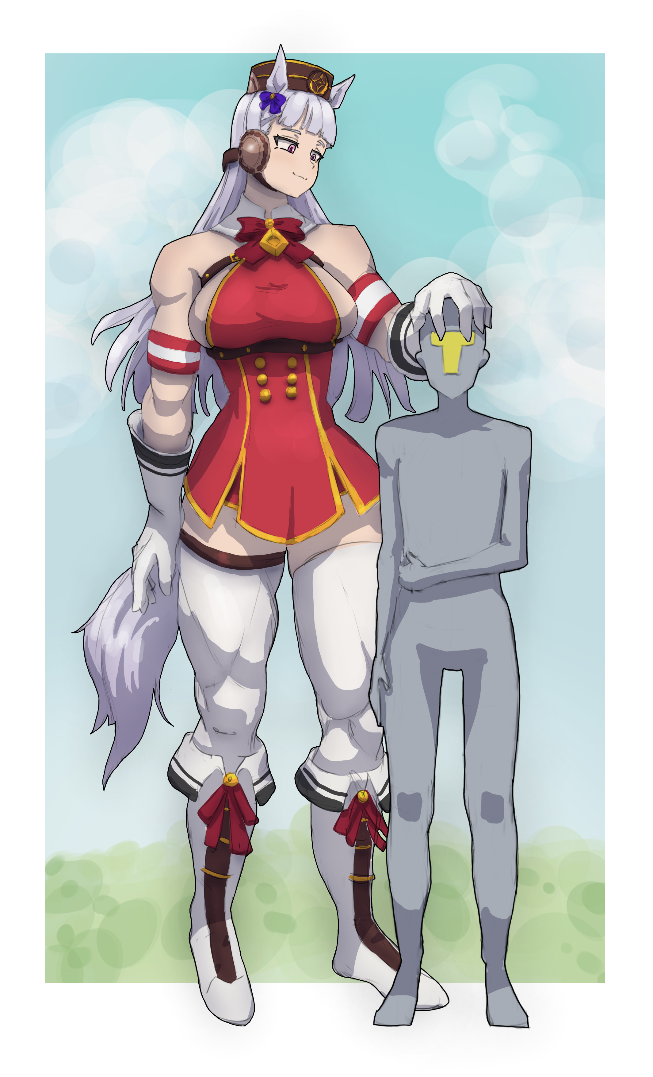 gold ship (red strife) (umamusume), gold ship (umamusume), t-head trainer (umamusume), trainer (umamusume), umamusume, absurdres, commentary request, highres, 1boy, 1girl, animal ears, armband, biceps, blunt bangs, bow, breasts, bridle, brown hat, dress, ear bow, ear covers, ear ribbon, gloves, grey hair, hand on another's head, hat, height difference, horse ears, horse girl, horse tail, large breasts, long hair, looking at another, minstrel art, muscular, muscular female, pillbox hat, pink eyes, purple bow, red dress, size difference, sleeveless, sleeveless dress, smile, standing, striped armband, striped clothes, tail, tall female, thick thighs, thighhighs, thighs, white gloves, white thighhighs