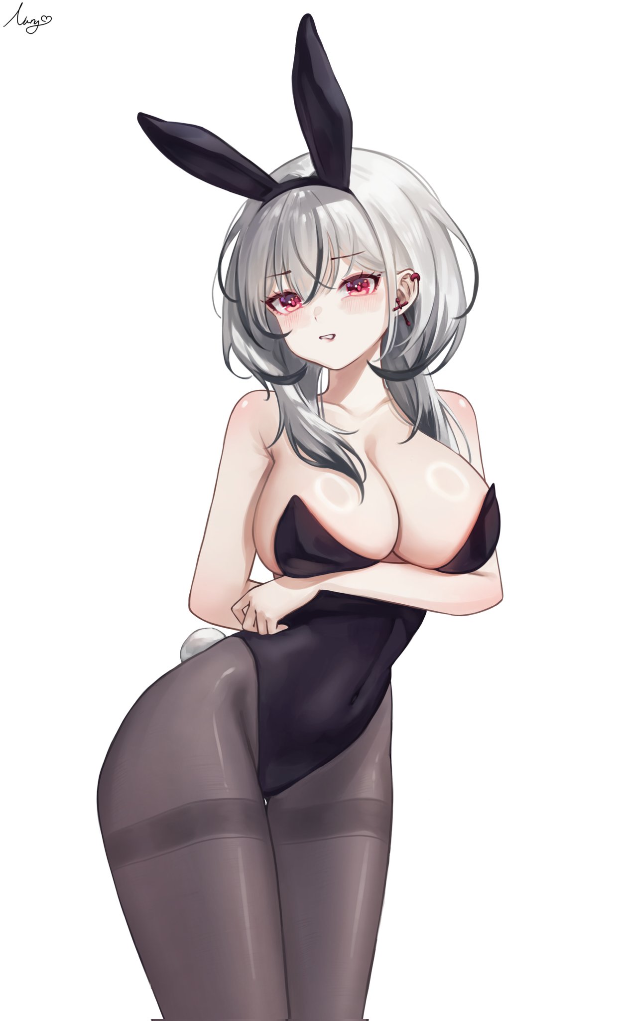 ohwayo, project [i], commentary request, corrupted twitter file, highres, korean commentary, variant set, 1girl, animal ear hairband, animal ears, arm under breasts, armpit crease, black leotard, breasts, covered navel, fake animal ears, fake tail, feet out of frame, grey hair, grey hiphighs, grimace, hair between eyes, hair over shoulder, hairband, hiphighs, large breasts, leotard, long bangs, long hair, multicolored hair, nyang (nya aaang), parted lips, playboy bunny, rabbit ear hairband, rabbit ears, rabbit tail, red eyes, signature, simple background, solo, standing, strapless, strapless leotard, streaked hair, tail, thighband hiphighs, virtual youtuber, white background