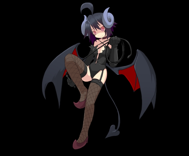 uracil, born freaks!, fishnet legwear, game cg, 1girl, ahoge, black hair, demon girl, female focus, fishnets, horns, red eyes, simple background, solo, tail, whip, wings