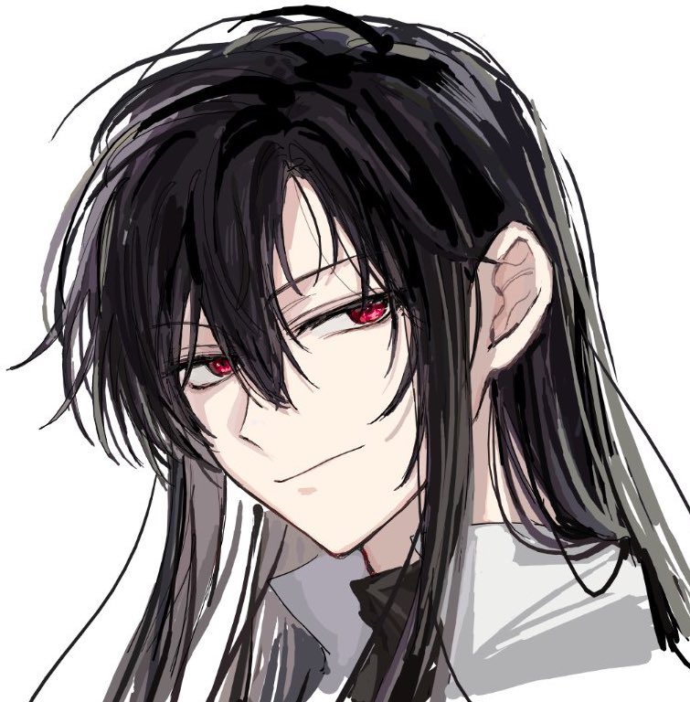tyoookozuki, character request, commentary request, copyright request, 1boy, black hair, black shirt, closed mouth, hair between eyes, jacket, long hair, looking at viewer, looking to the side, male focus, mole, mole under eye, portrait, red eyes, shirt, sidelocks, simple background, sketch, smile, solo, turtleneck, white background, white jacket