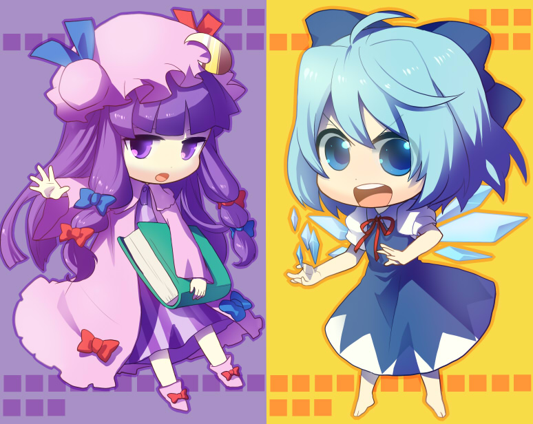 kanan (karehane), cirno, patchouli knowledge, embodiment of scarlet devil, touhou, 2girls, barefoot, blue eyes, blue hair, book, bow, chibi, food, hair bow, hat, ice, long hair, multiple girls, multiple hair bows, purple eyes, purple hair, short hair, steamed bun, wings